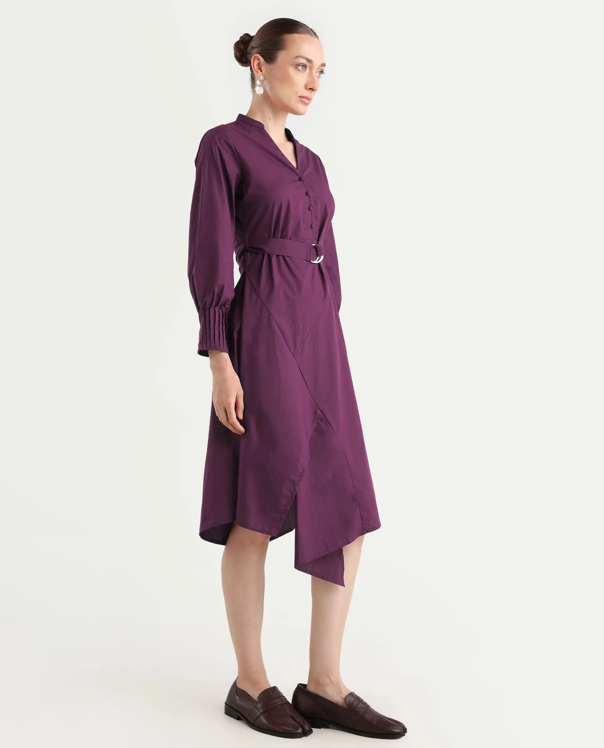 Rareism Women's Iona Purple Cotton Mandarin Collar Plain Cuffed Sleeve Midi Fit And Flare Dress