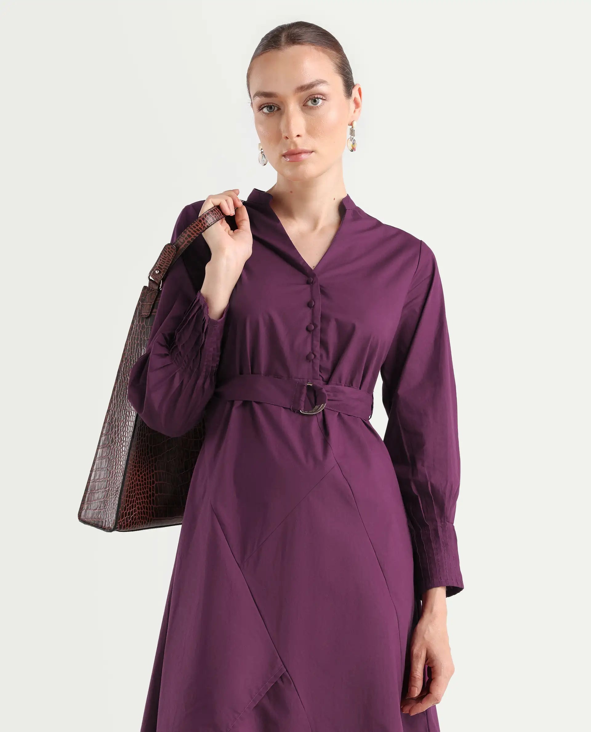 Rareism Women's Iona Purple Cotton Mandarin Collar Plain Cuffed Sleeve Midi Fit And Flare Dress