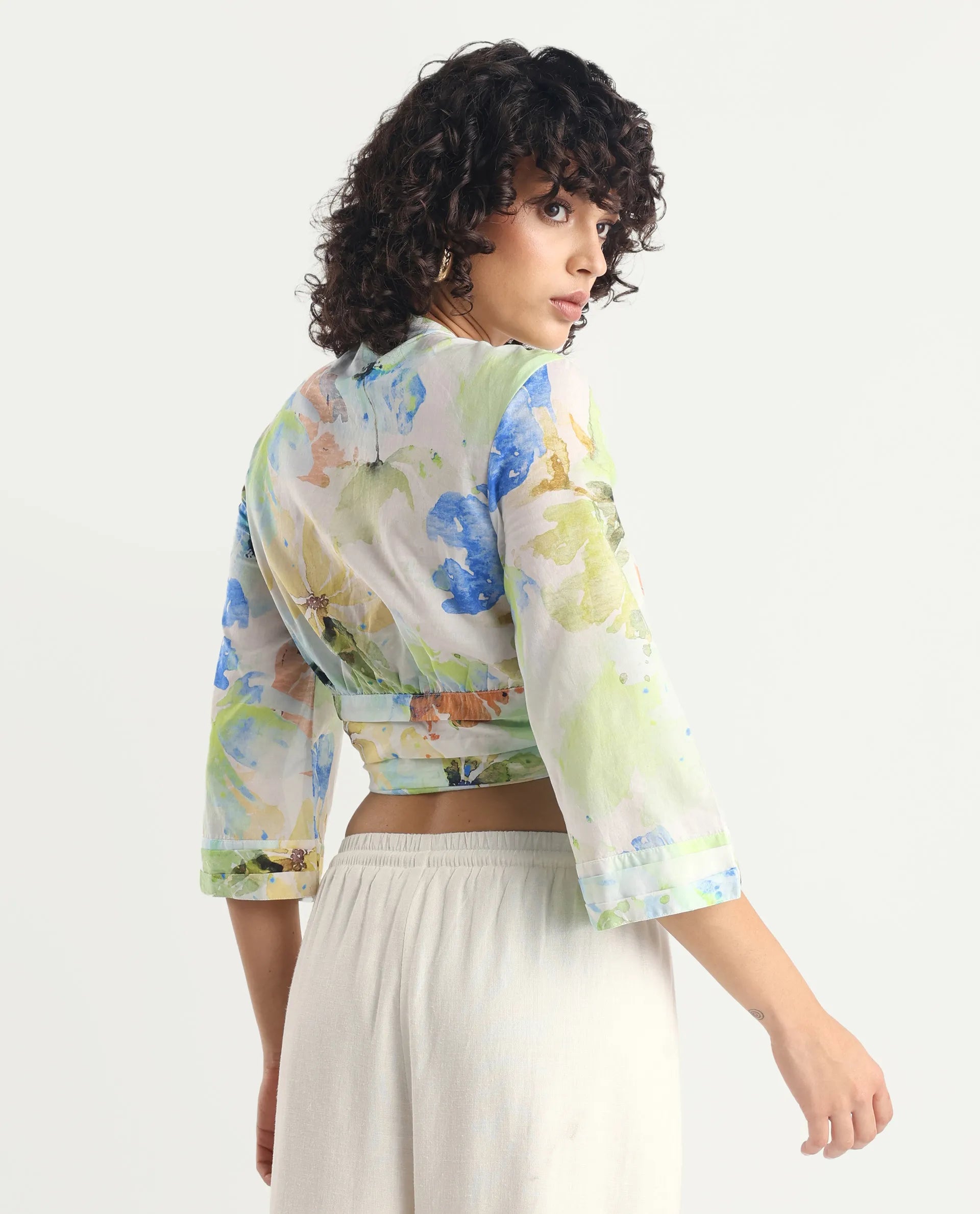 Rareism Women's Ireen Multi Cotton V-Neck Abstract Print Bell Sleeve Crop Regular Fit Top