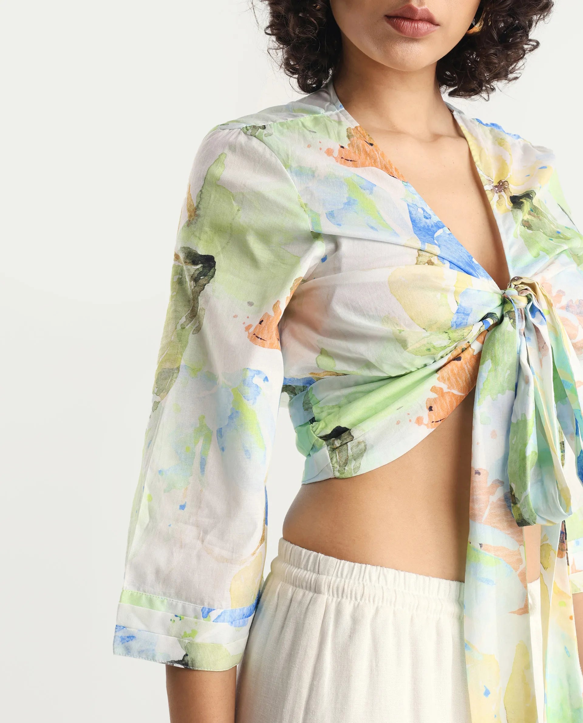 Rareism Women's Ireen Multi Cotton V-Neck Abstract Print Bell Sleeve Crop Regular Fit Top