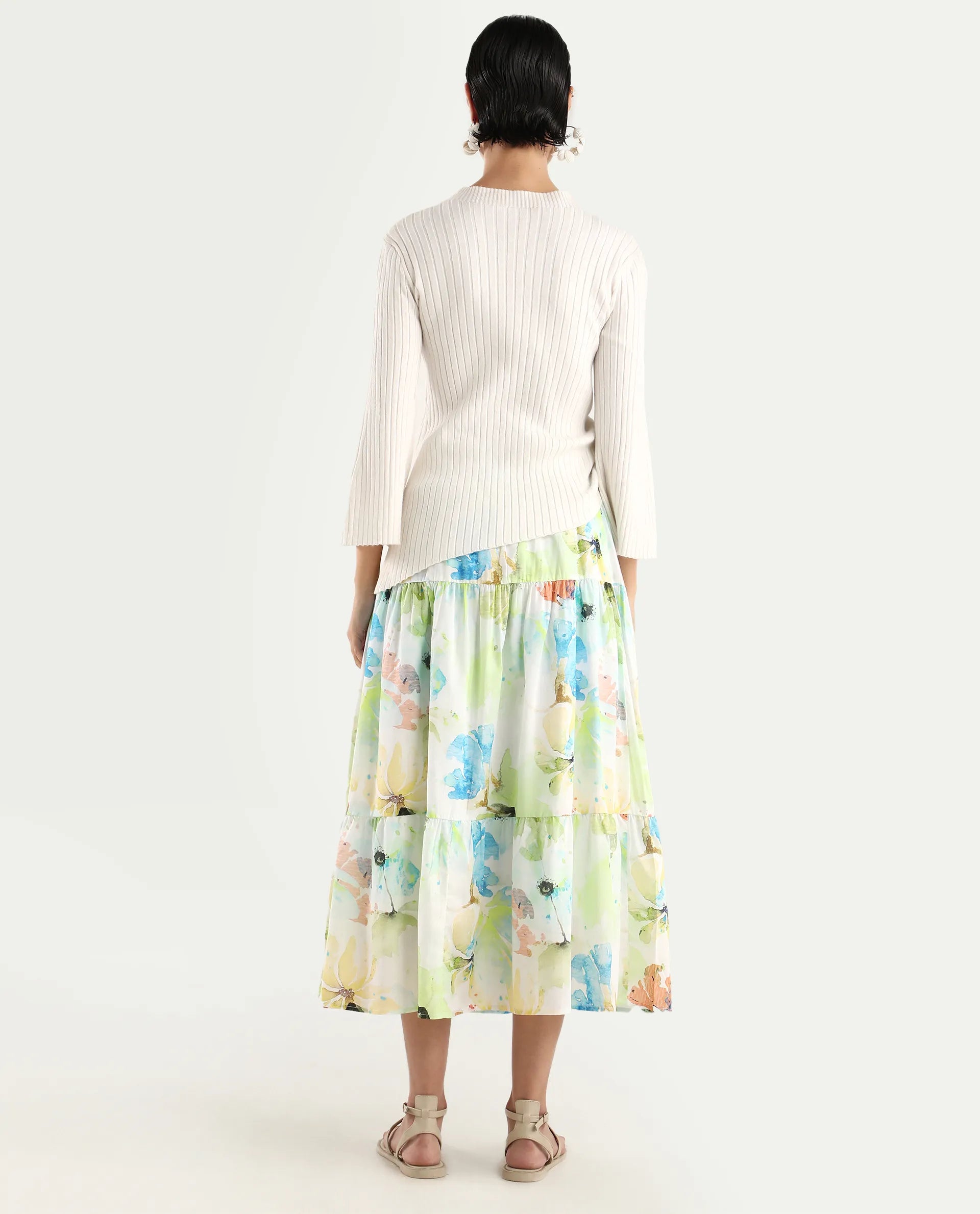 Rareism Women's Irina Multi Cotton Abstract Print Midi Flared Skirt