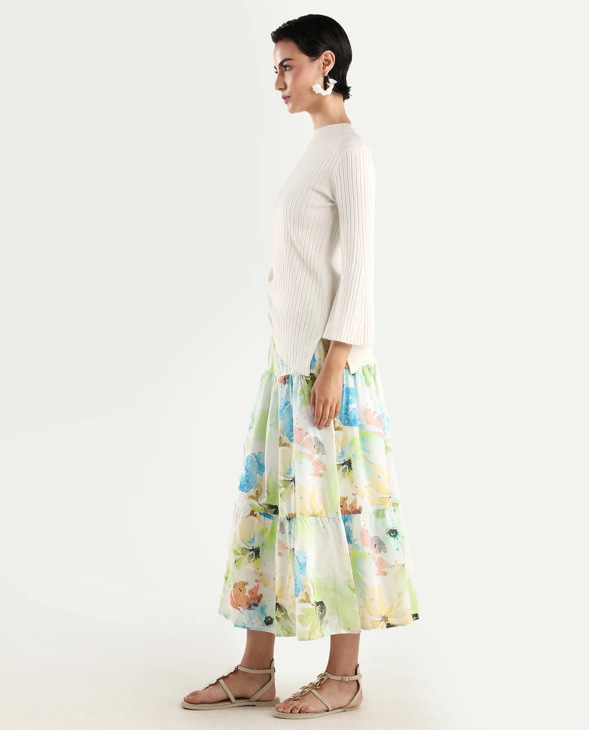 Rareism Women's Irina Multi Cotton Abstract Print Midi Flared Skirt