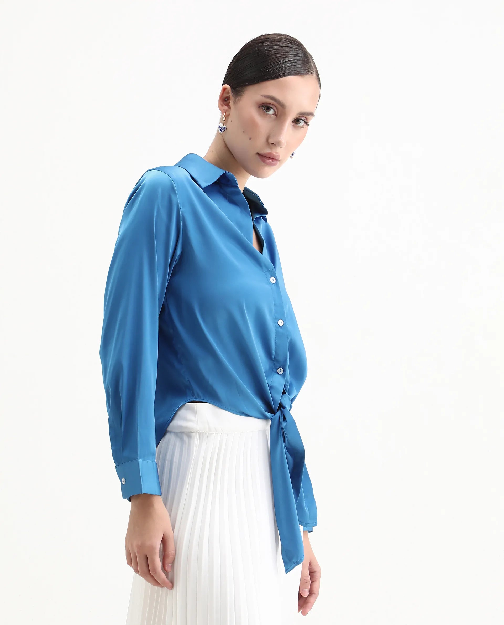 Rareism Women's Irteen Flouroscent Blue Polyester Drop Collar Plain Cuffed Sleeve Regular Fit Top