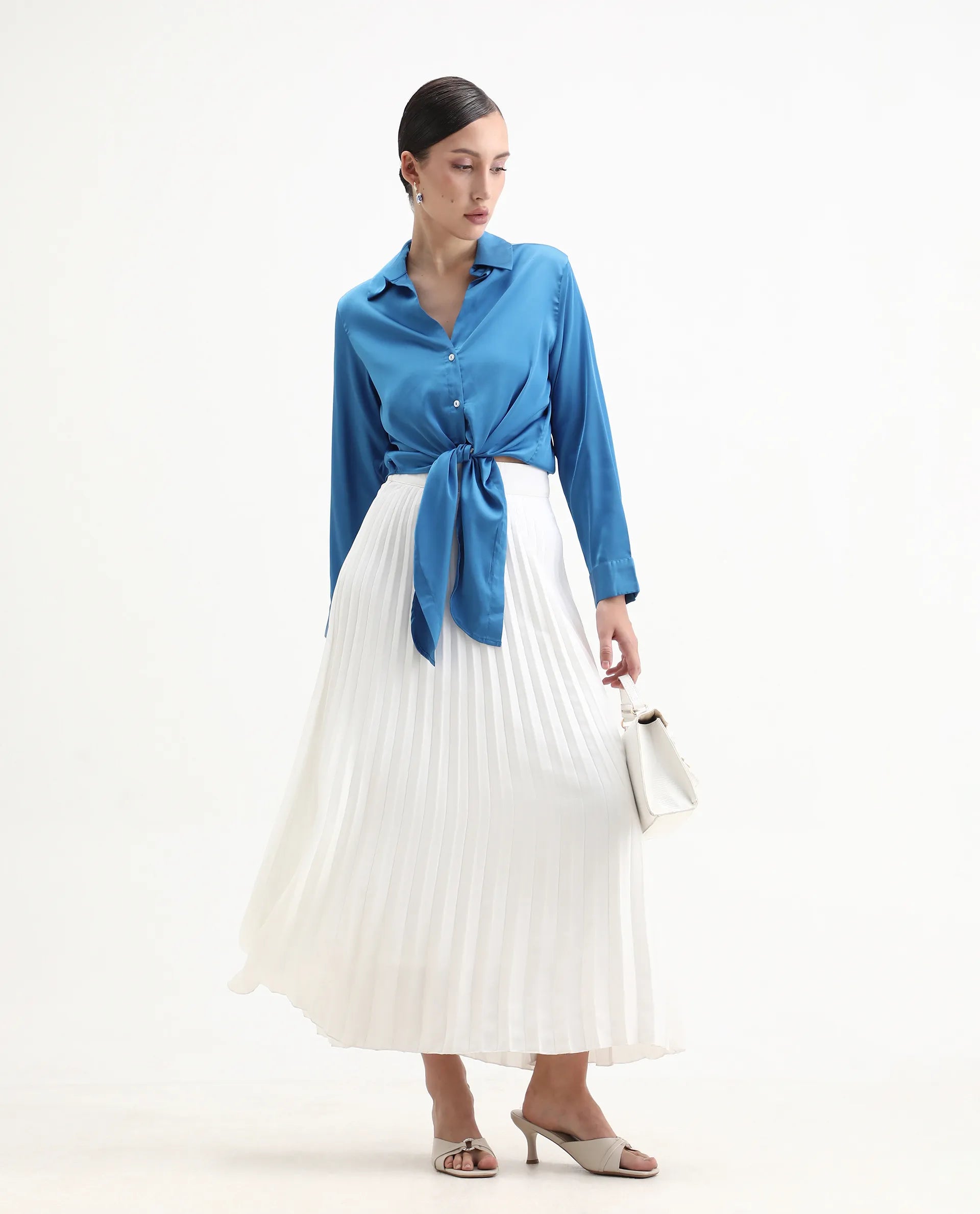 Rareism Women's Irteen Flouroscent Blue Polyester Drop Collar Plain Cuffed Sleeve Regular Fit Top