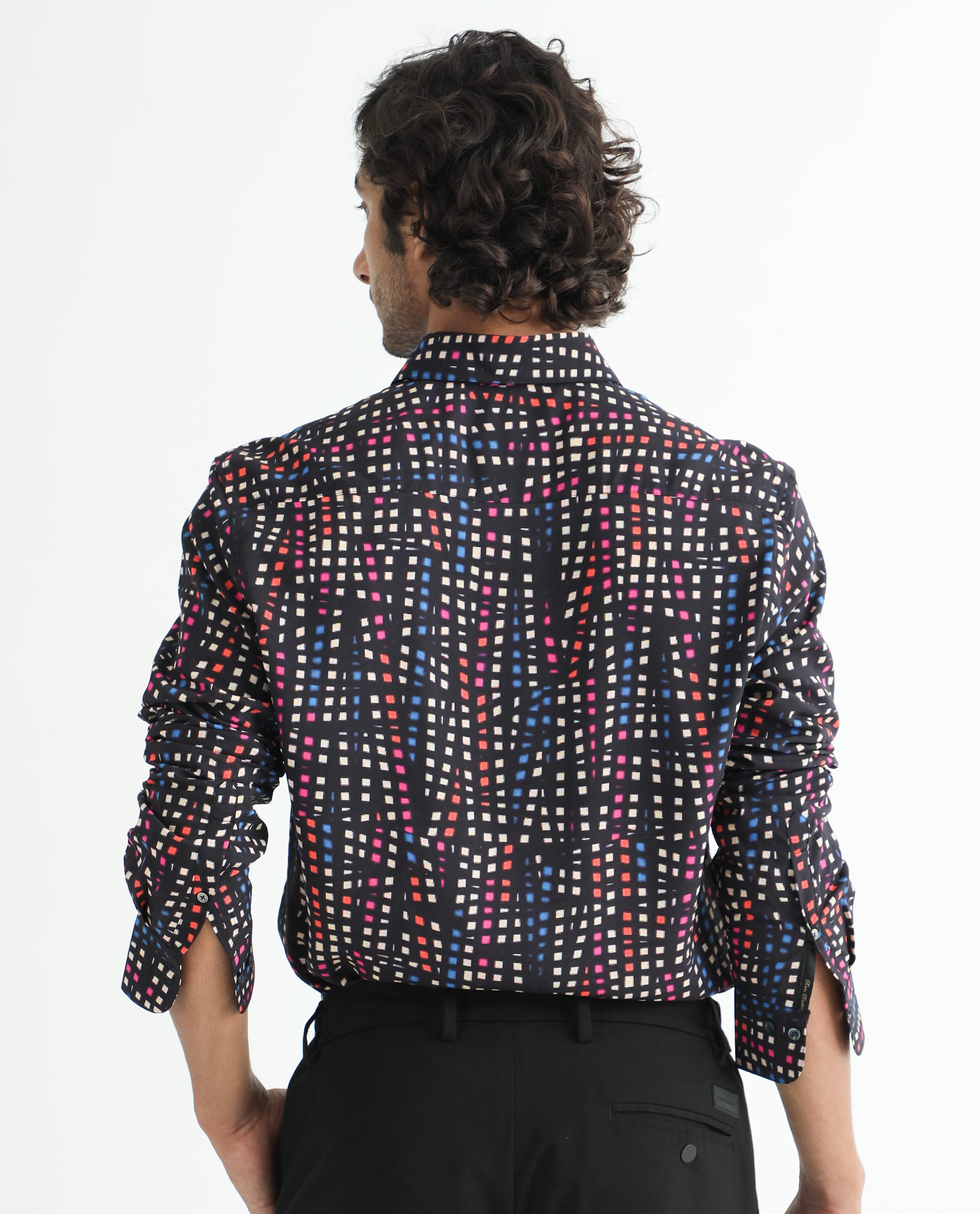 Rare Rabbit Men's Irvine Black Viscose Fabric Geometric Print Full Sleeves Shirt