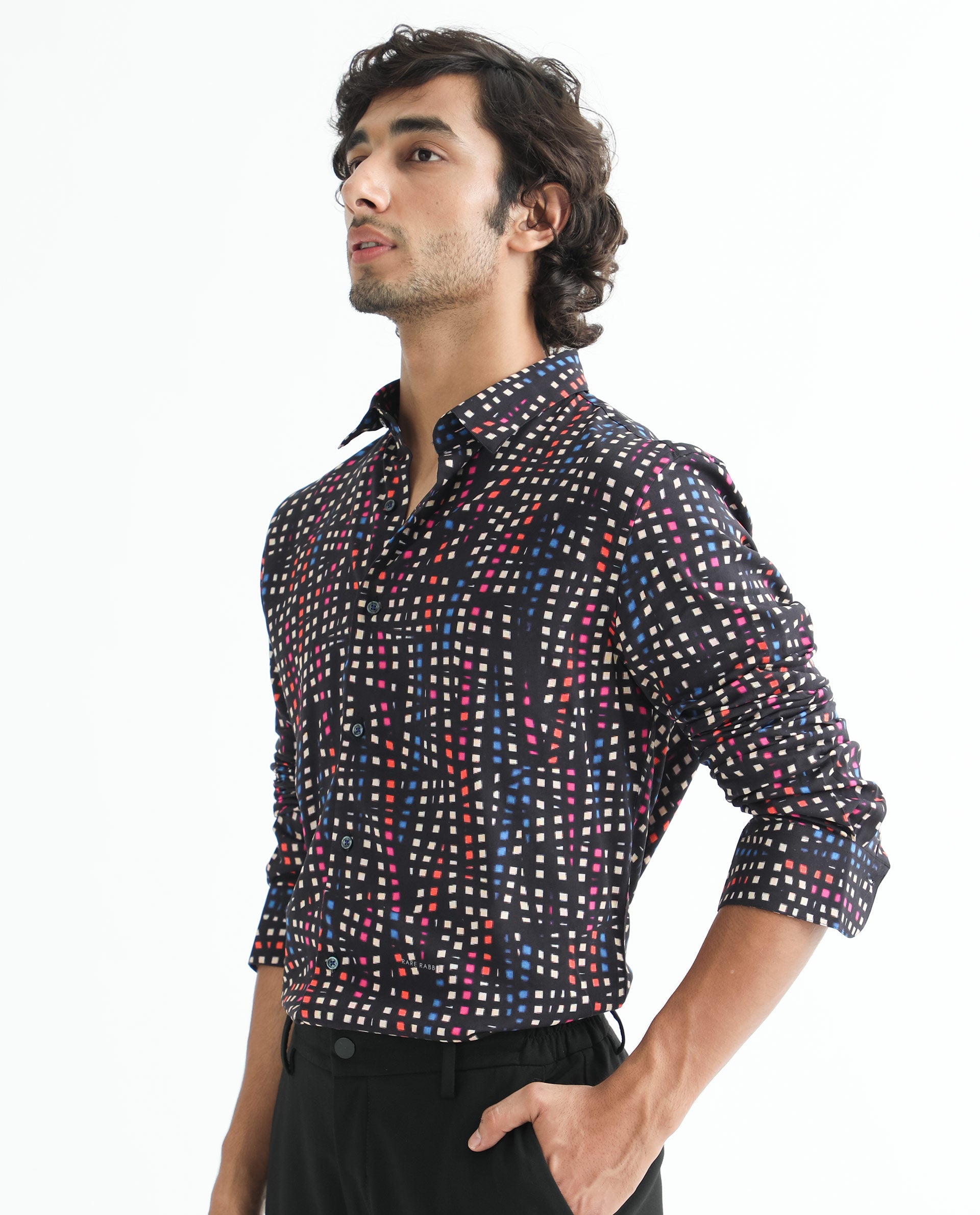 Rare Rabbit Men's Irvine Black Viscose Fabric Geometric Print Full Sleeves Shirt