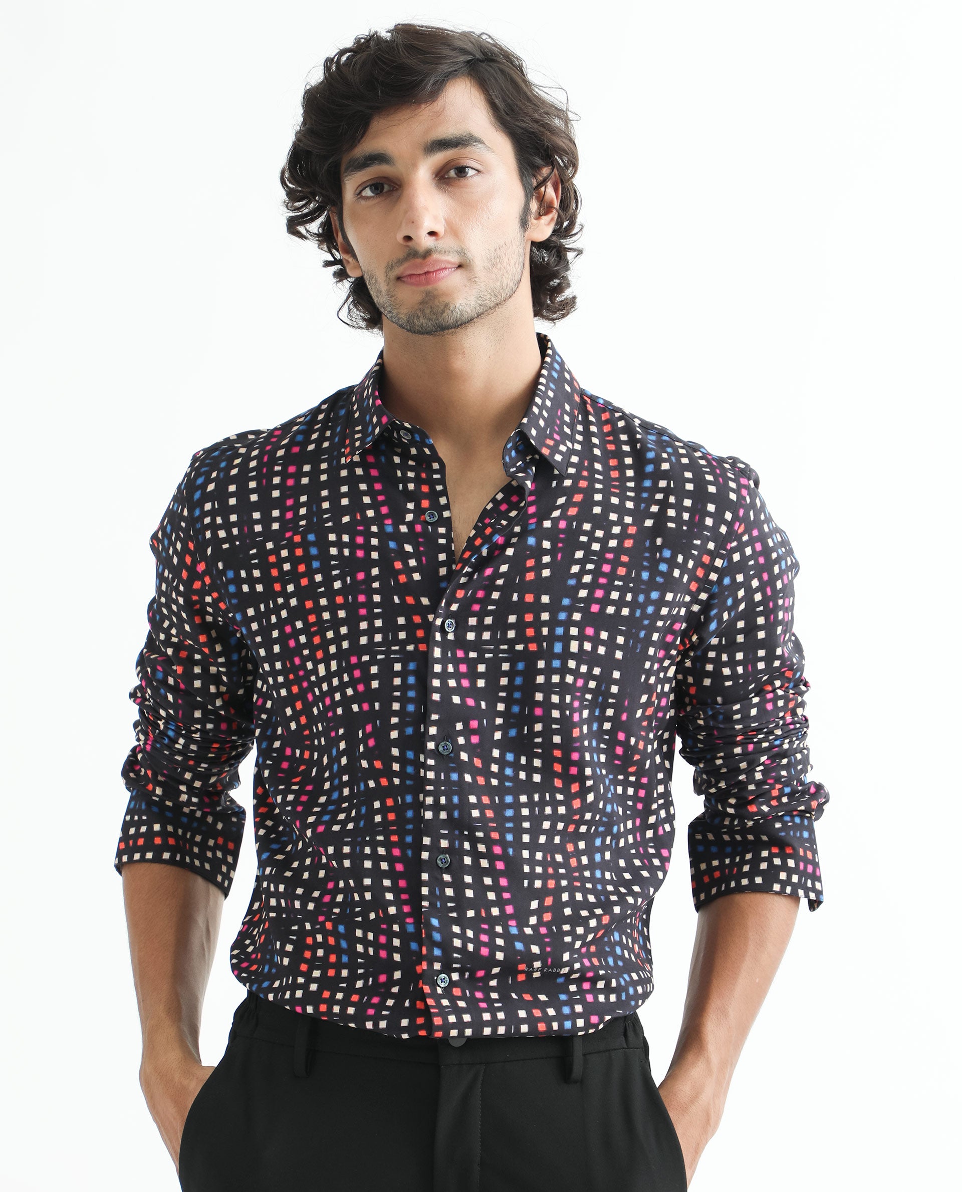 Rare Rabbit Men's Irvine Black Viscose Fabric Geometric Print Full Sleeves Shirt