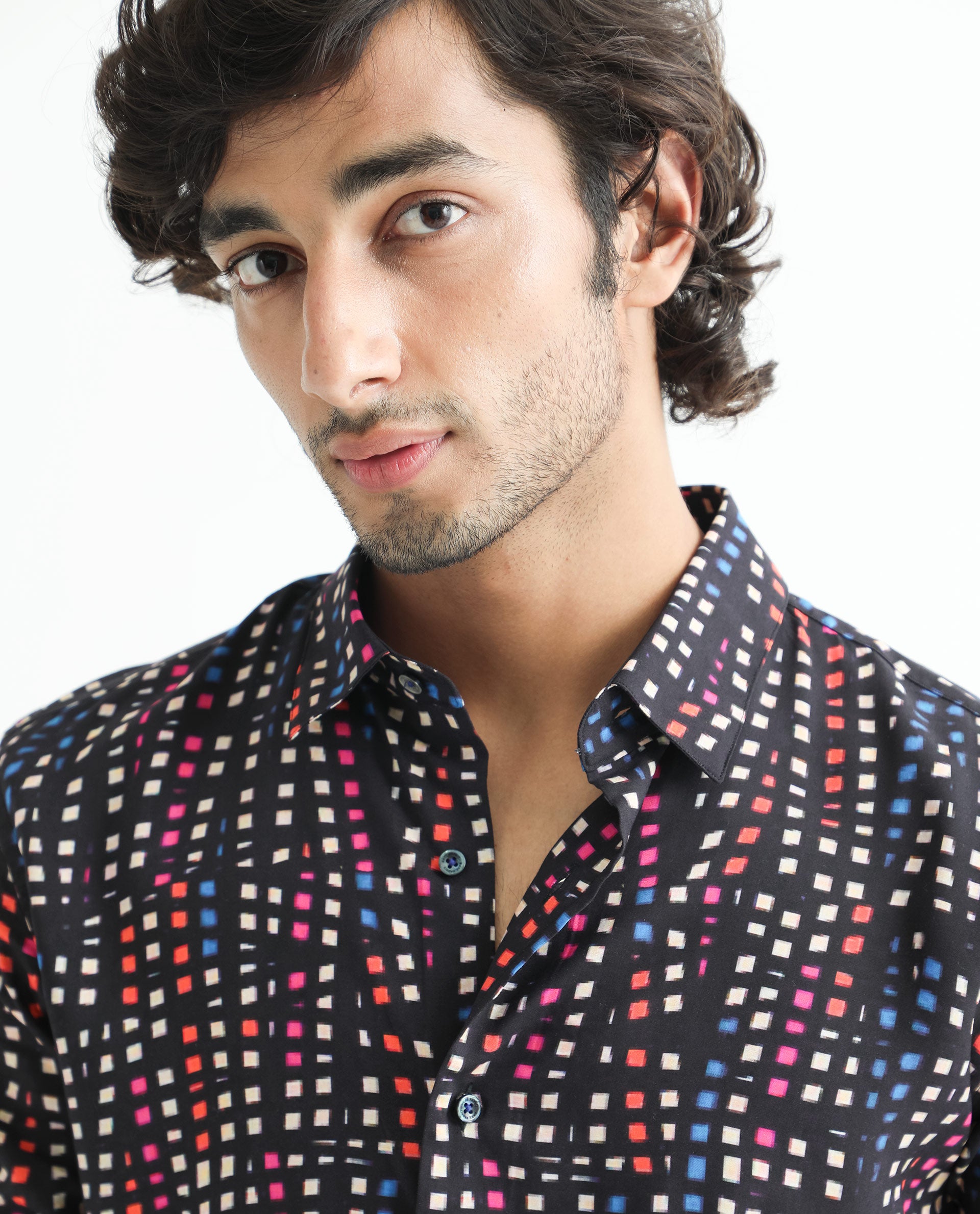 Rare Rabbit Men's Irvine Black Viscose Fabric Geometric Print Full Sleeves Shirt