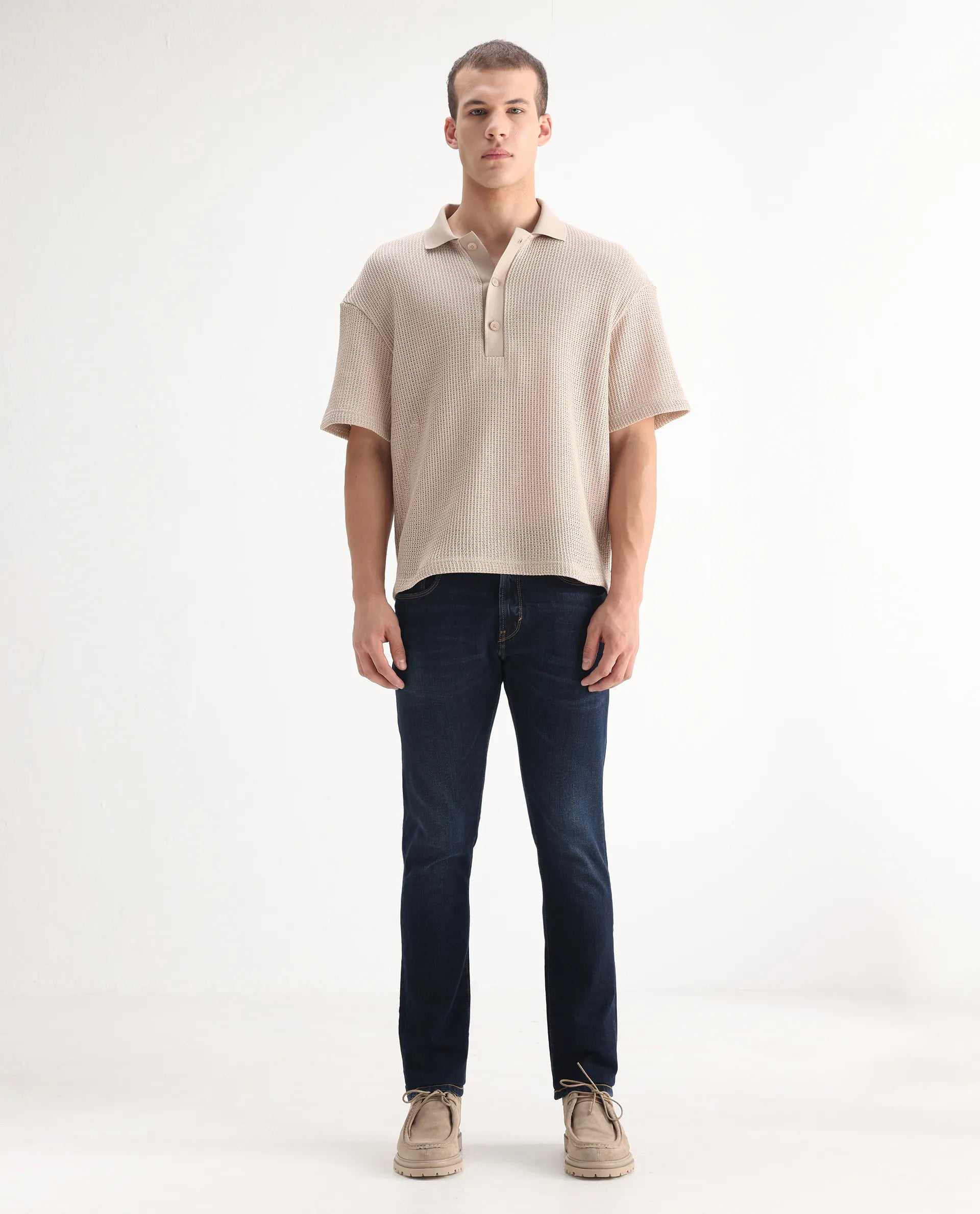 Rare Rabbit Men's Issak Dark Blue Cotton Plain Hawk Slim Fit Jeans