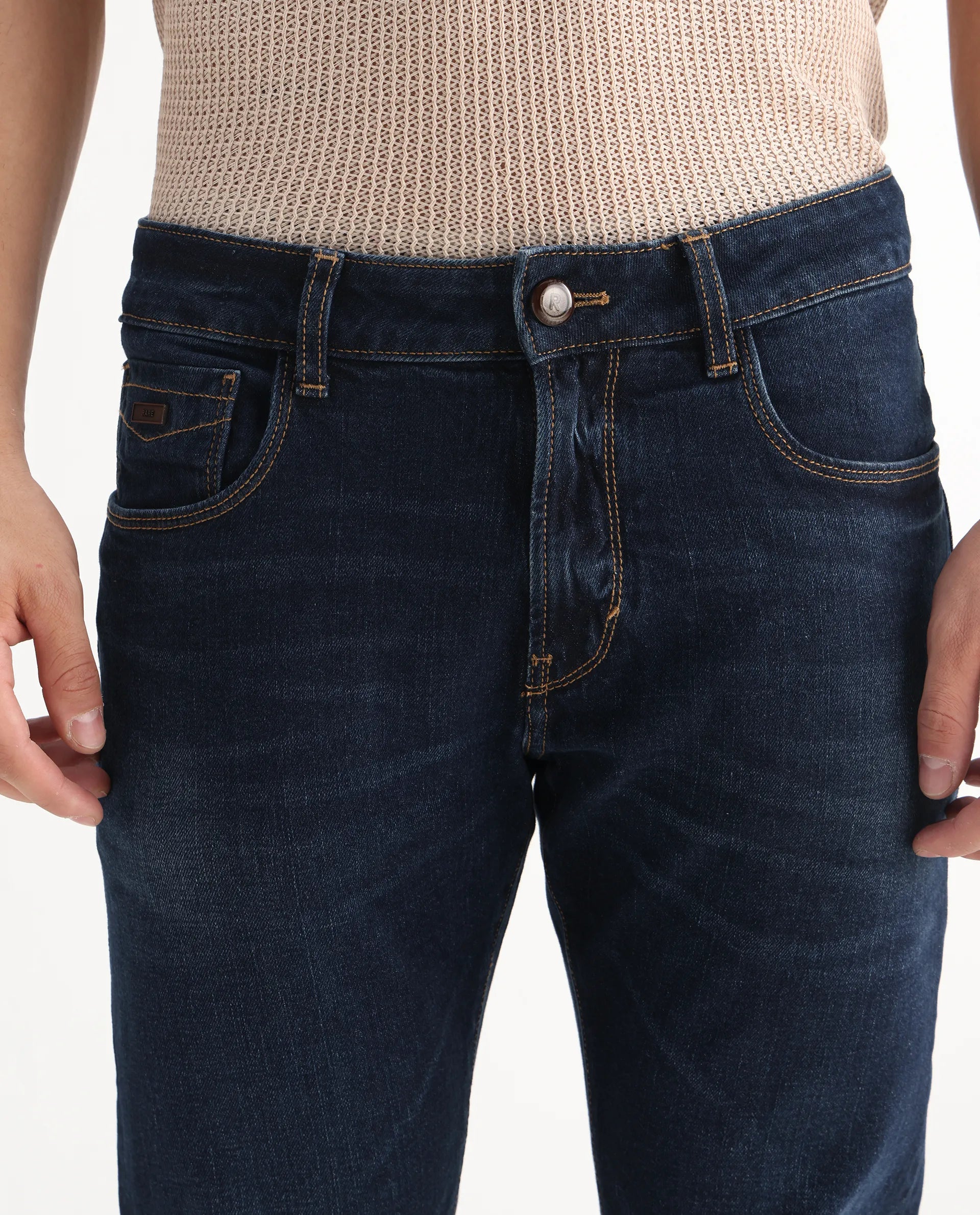 Rare Rabbit Men's Issak Dark Blue Cotton Plain Hawk Slim Fit Jeans