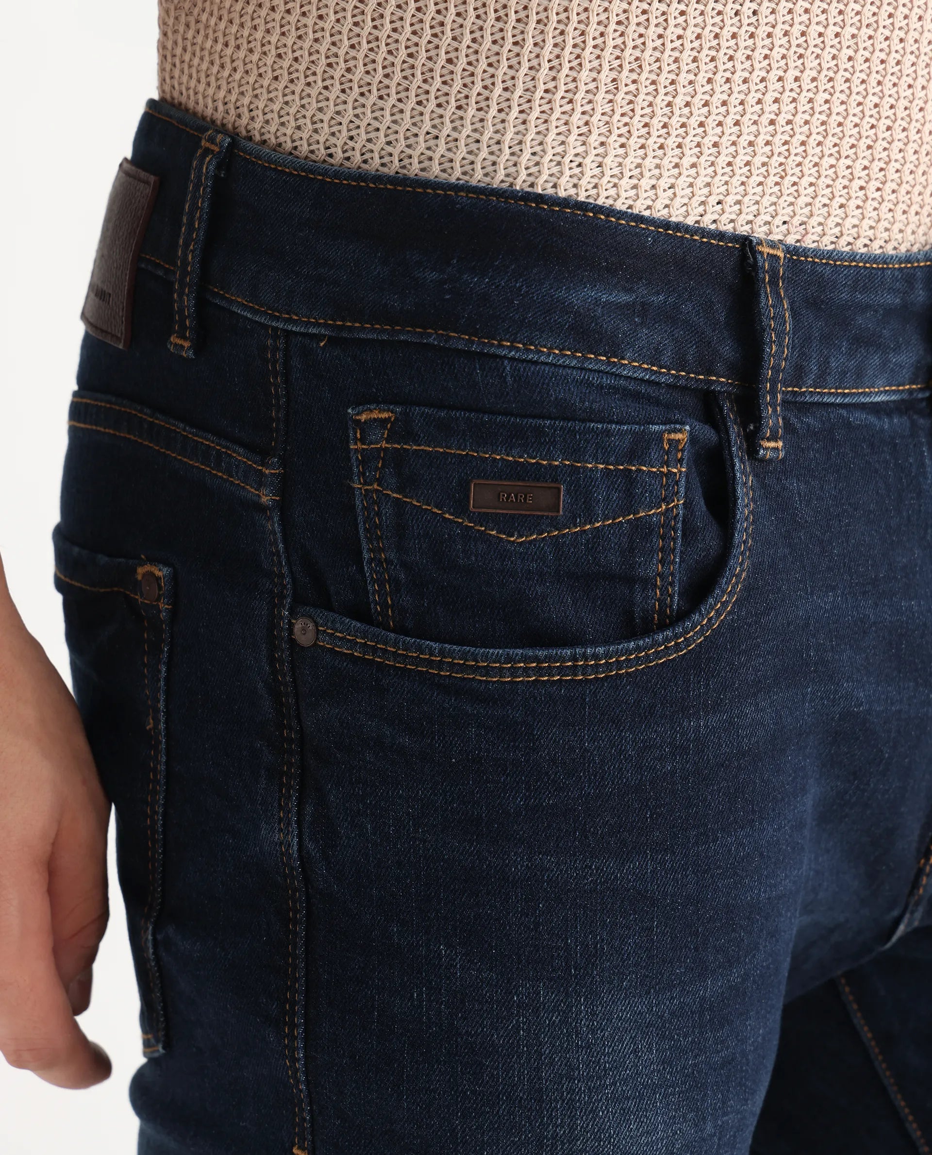 Rare Rabbit Men's Issak Dark Blue Cotton Plain Hawk Slim Fit Jeans