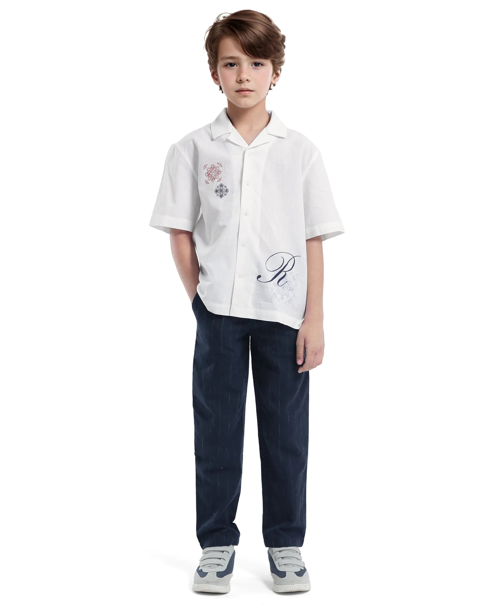 Rare Ones Kids Isla White Cotton Half Sleeve Embroidered Button Closure Regular Fit Shirt