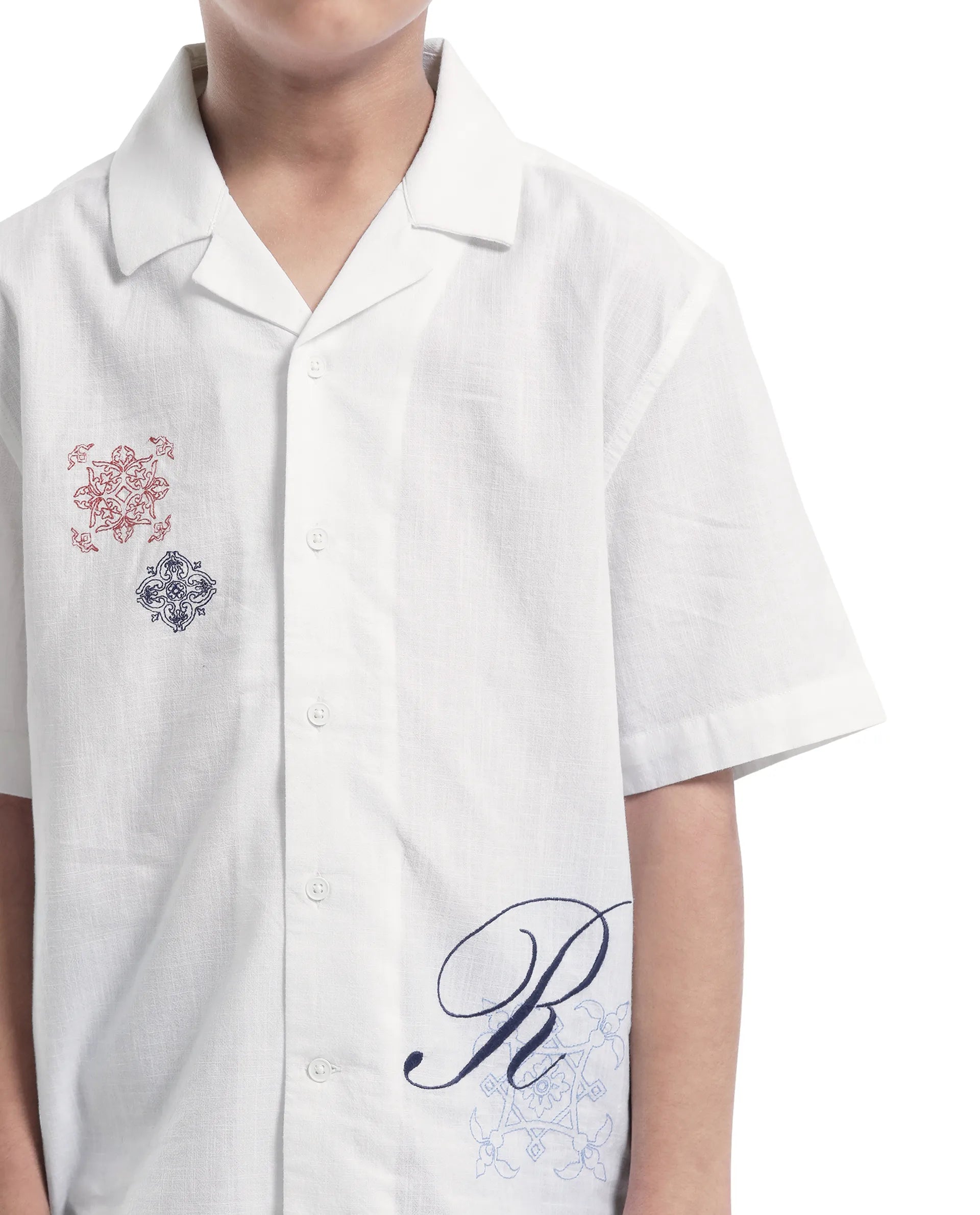 Rare Ones Kids Isla White Cotton Half Sleeve Embroidered Button Closure Regular Fit Shirt