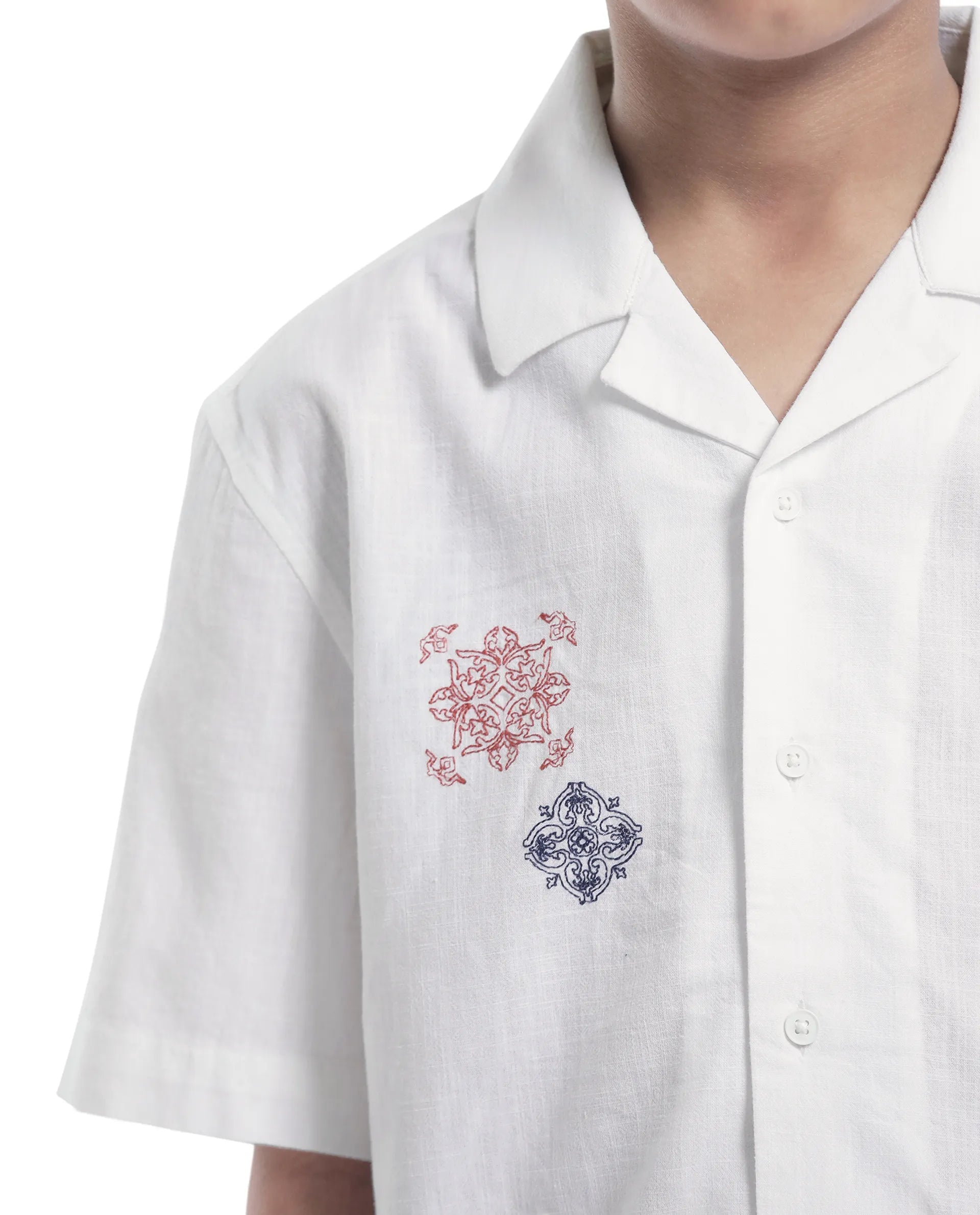 Rare Ones Kids Isla White Cotton Half Sleeve Embroidered Button Closure Regular Fit Shirt
