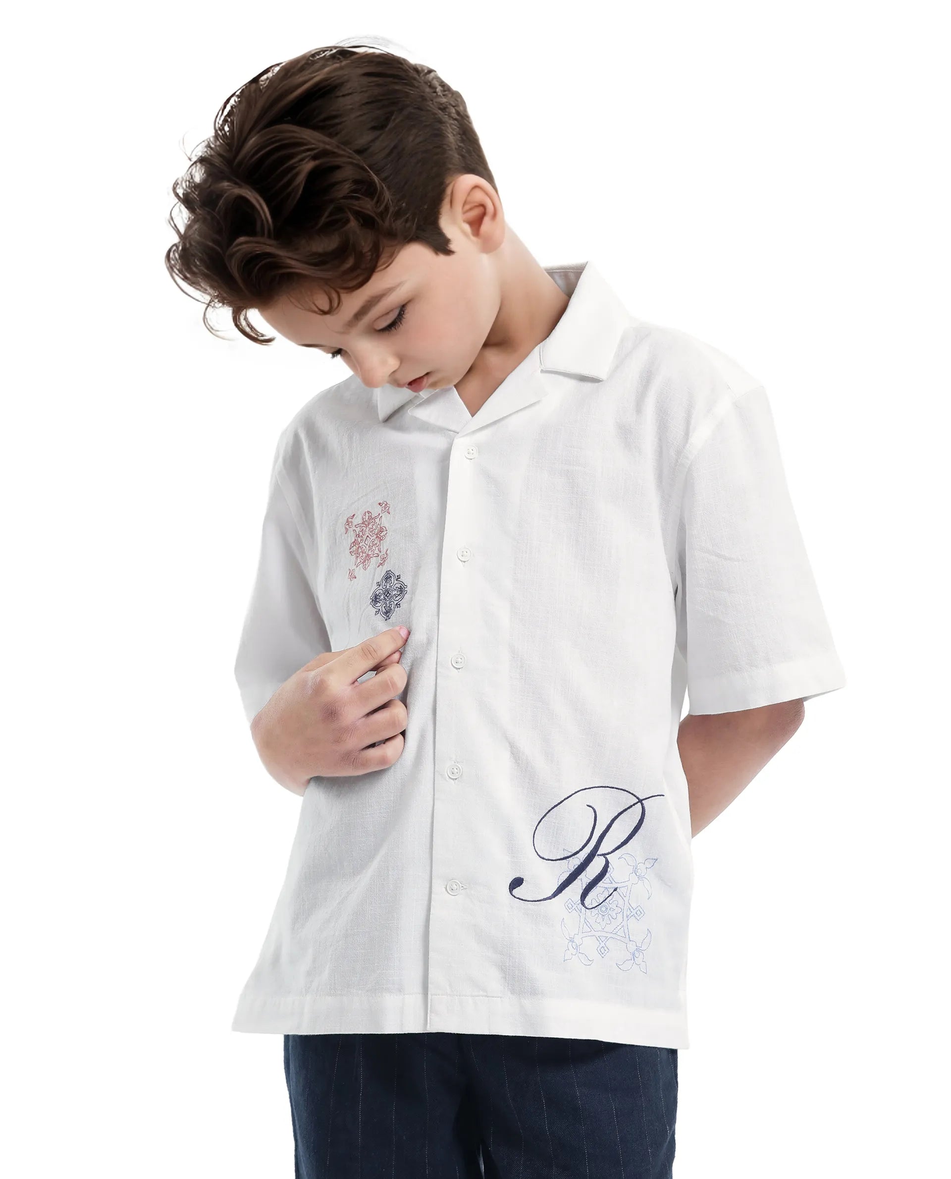 Rare Ones Kids Isla White Cotton Half Sleeve Embroidered Button Closure Regular Fit Shirt
