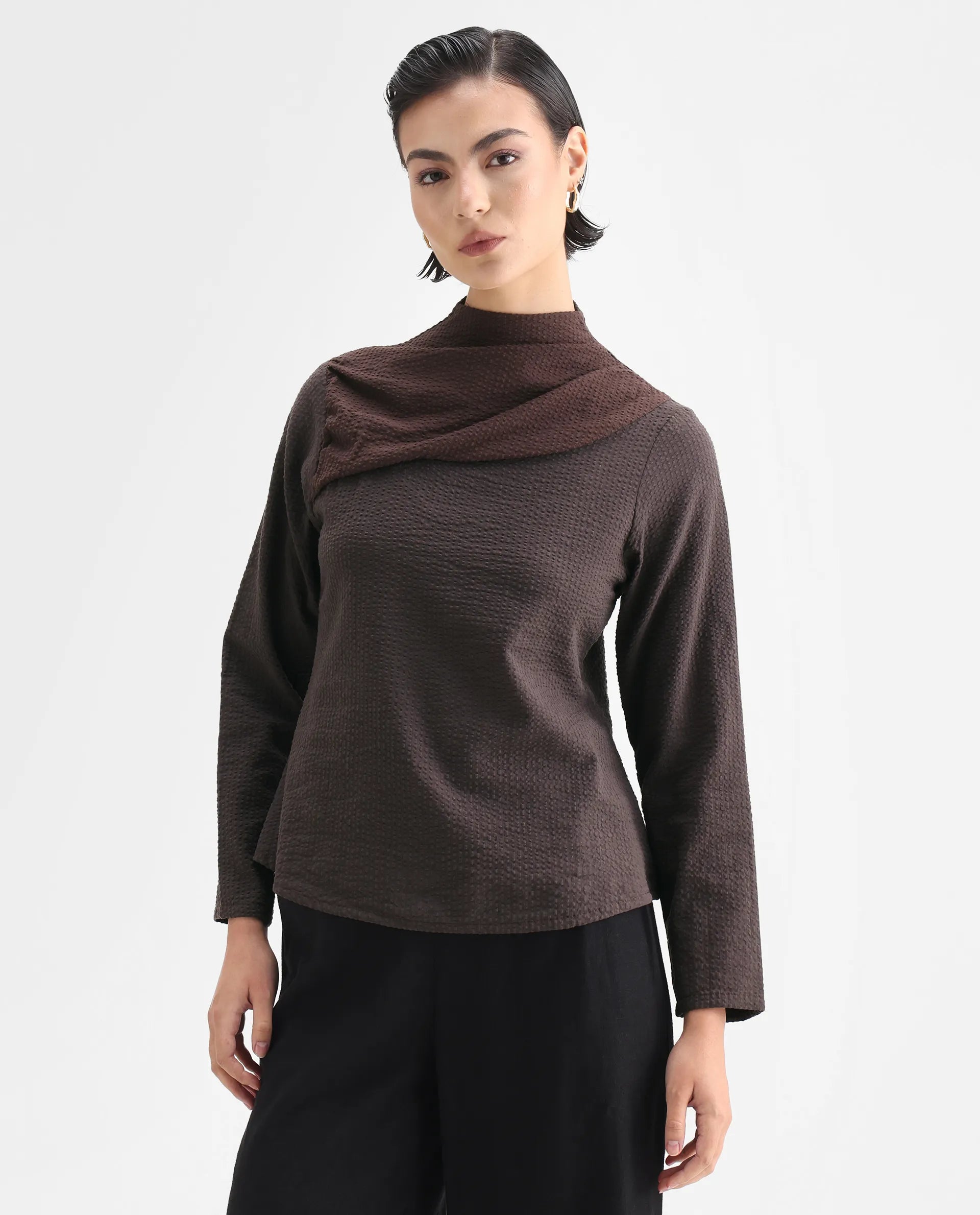 Rareism Women's Isro Brown Cotton High Neck Plain Regular Fit Top