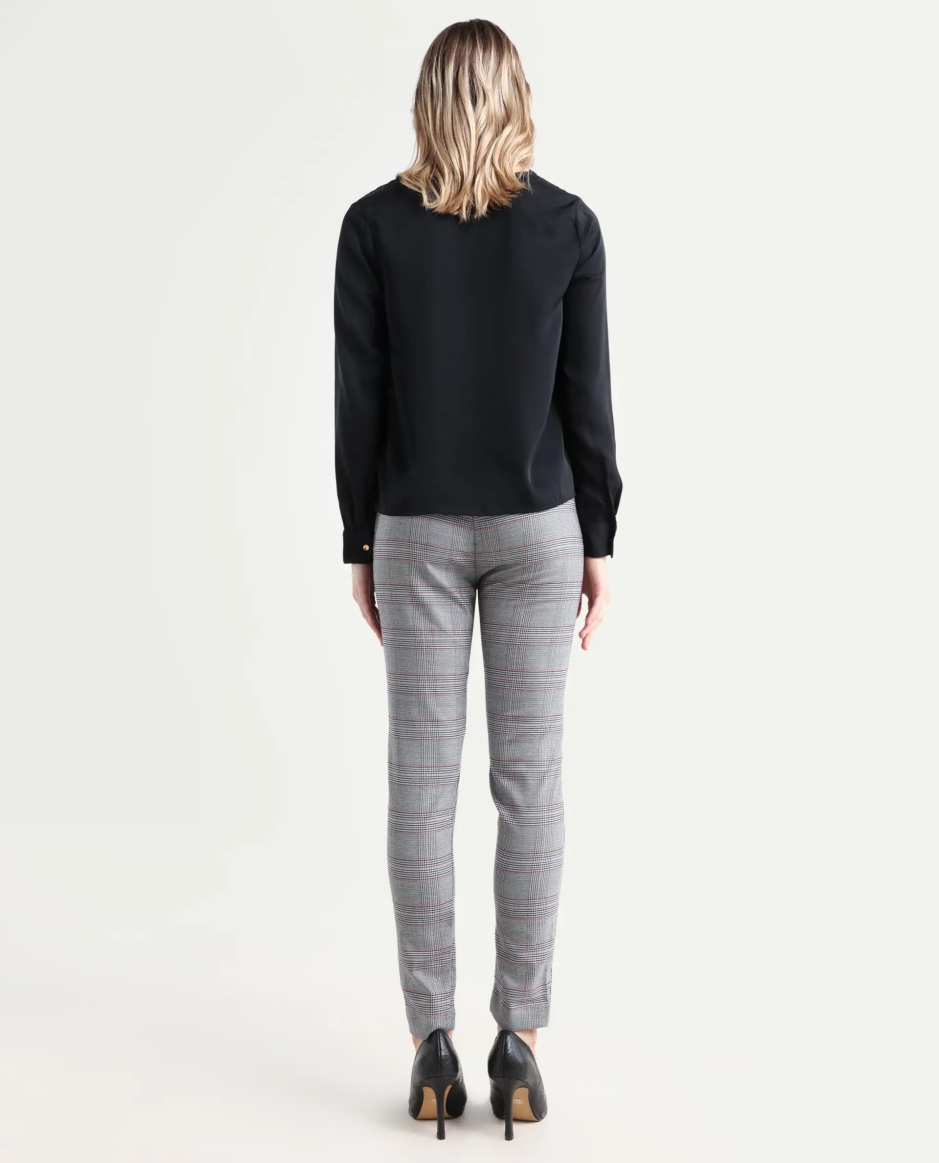 Rareism Women's Issac Beige Checked Knee Length Slim Fit Trouser