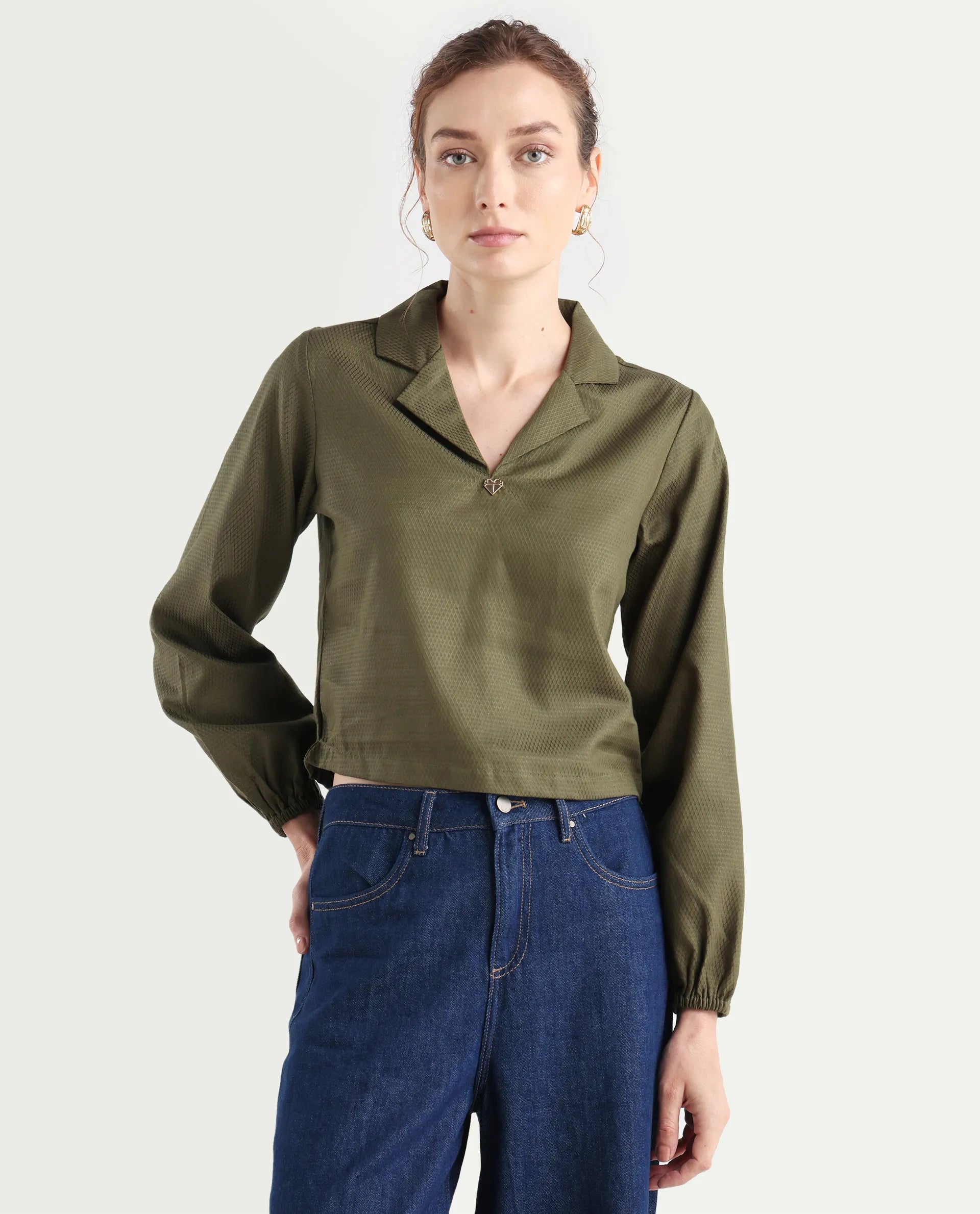 Rareism Women's Istanbul Green Cotton Lapel Neck Plain Bishop Sleeve Crop Regular Fit Top