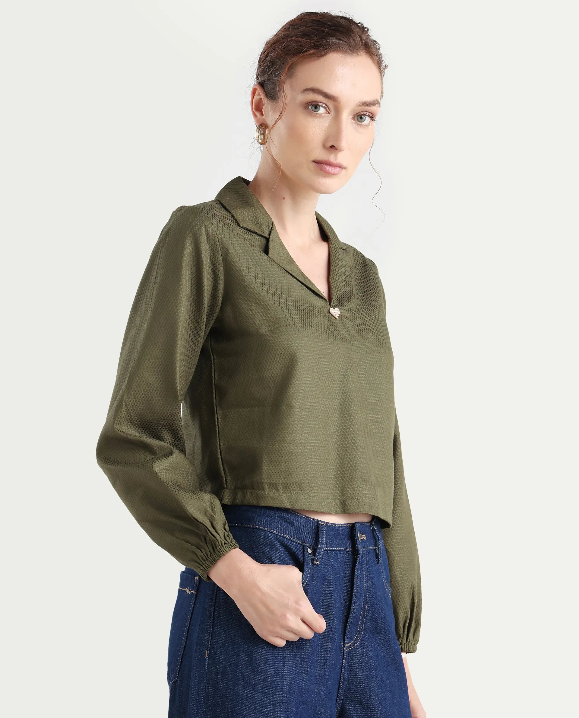 Rareism Women's Istanbul Green Cotton Lapel Neck Plain Bishop Sleeve Crop Regular Fit Top