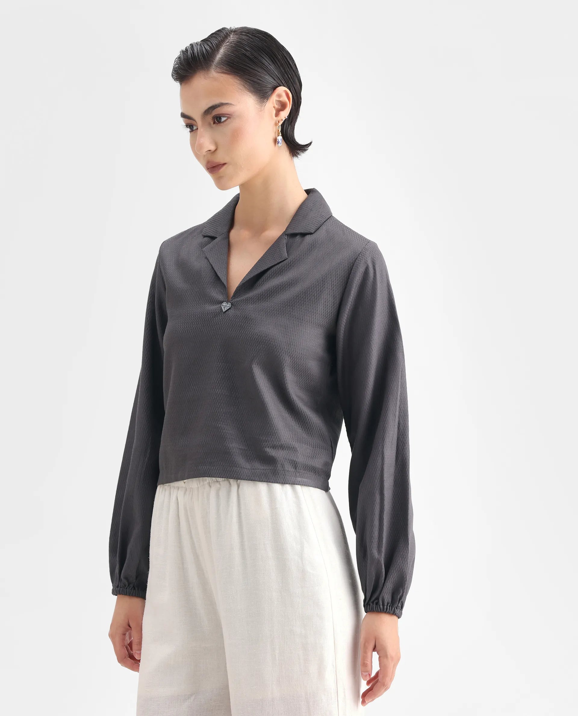 Rareism Women's Istanbul Grey Cotton Lapel Neck Plain Bishop Sleeve Crop Regular Fit Top