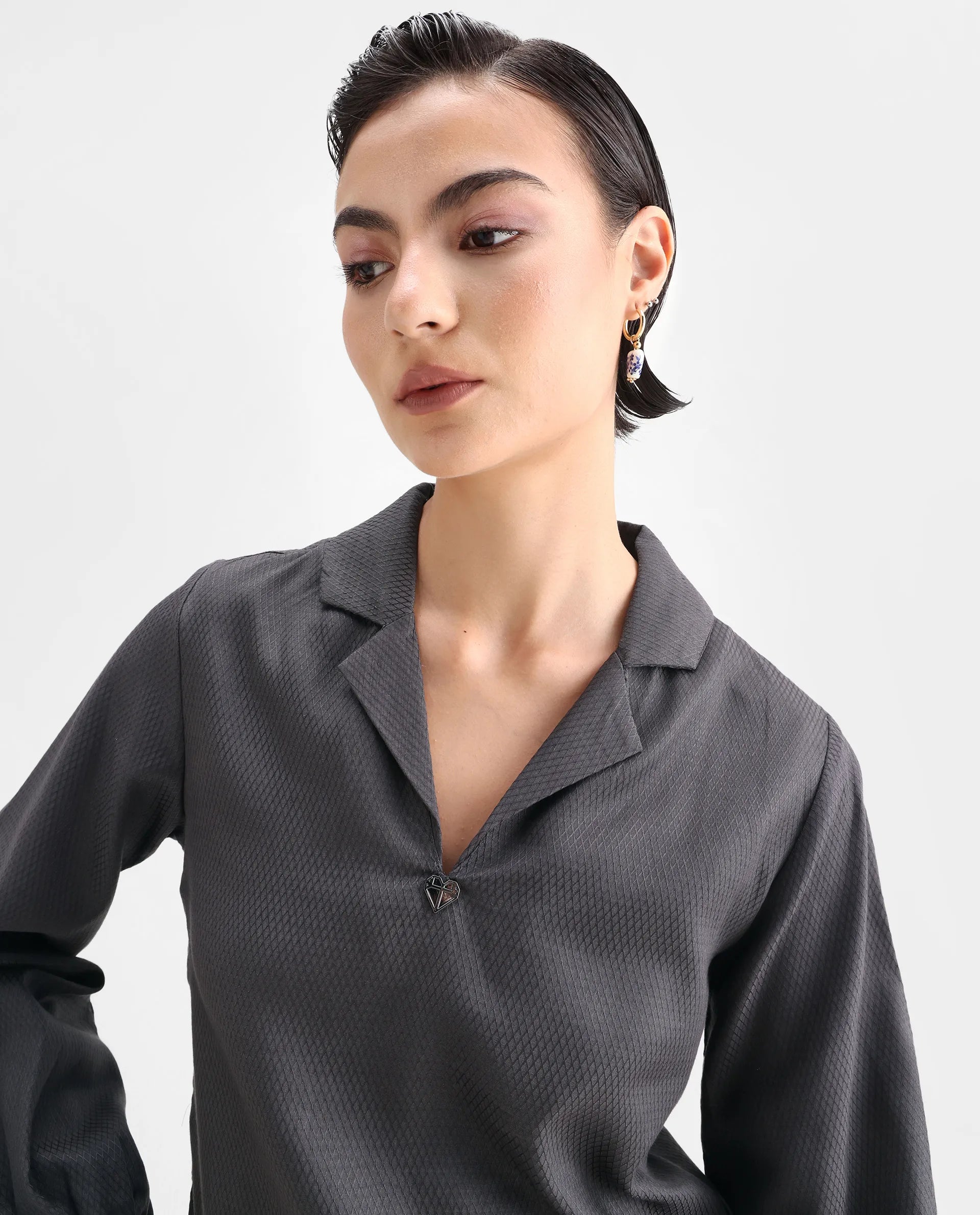 Rareism Women's Istanbul Grey Cotton Lapel Neck Plain Bishop Sleeve Crop Regular Fit Top