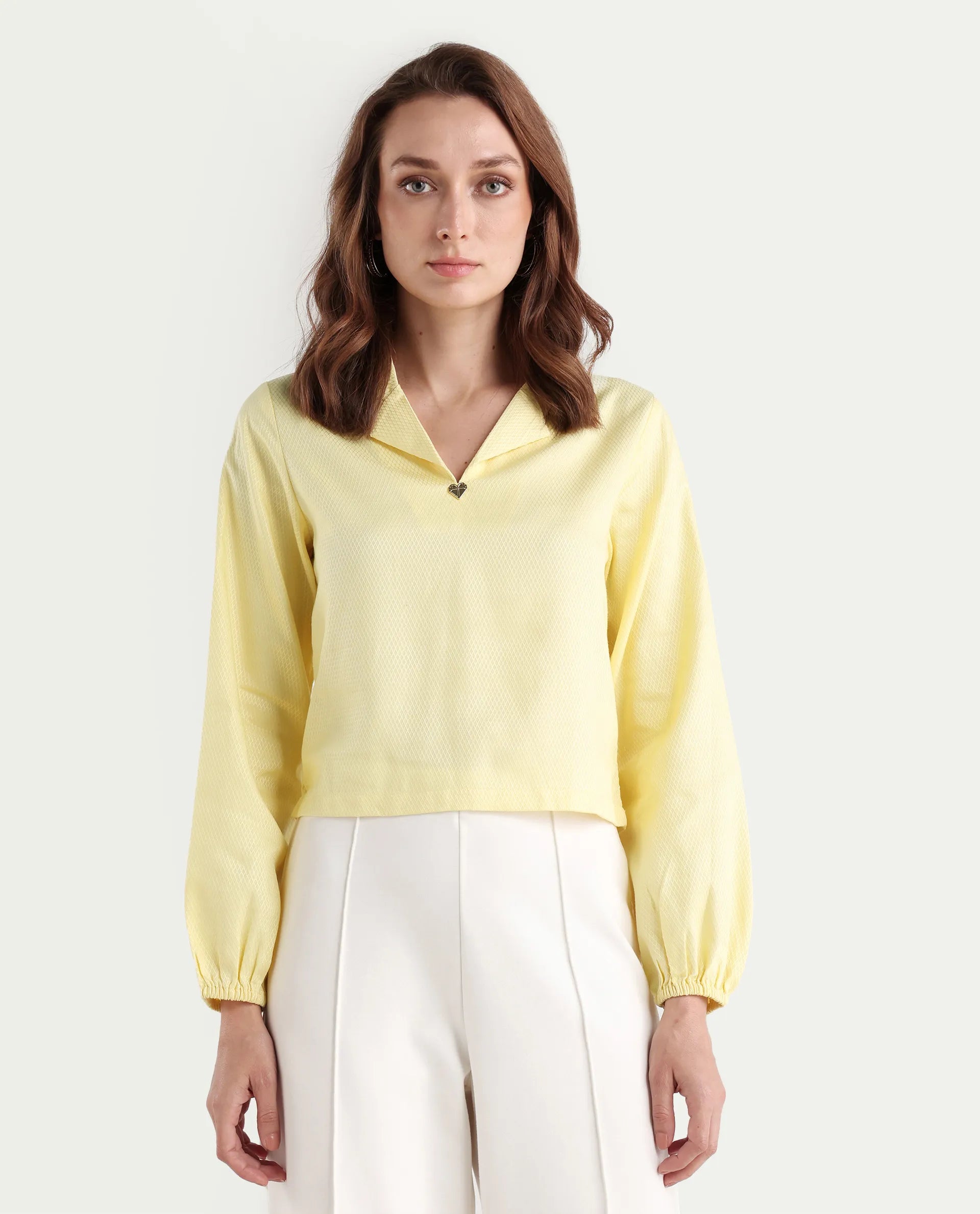 Rareism Women's Istanbul Light Yellow Cotton Lapel Neck Plain Bishop Sleeve Crop Regular Fit Top