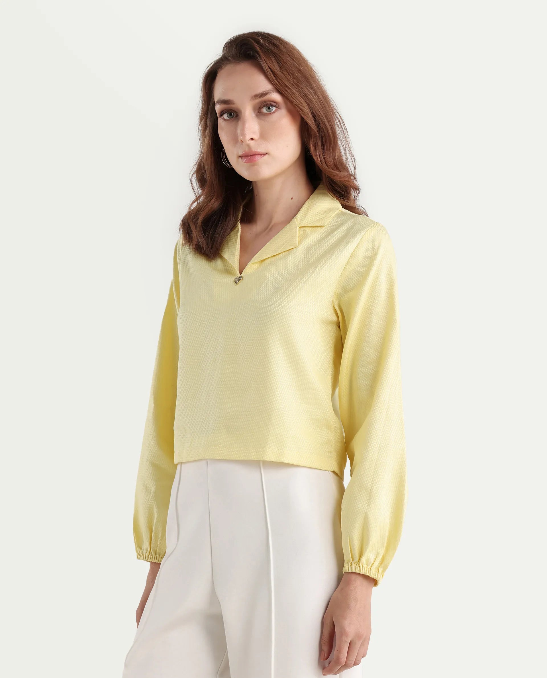 Rareism Women's Istanbul Light Yellow Cotton Lapel Neck Plain Bishop Sleeve Crop Regular Fit Top