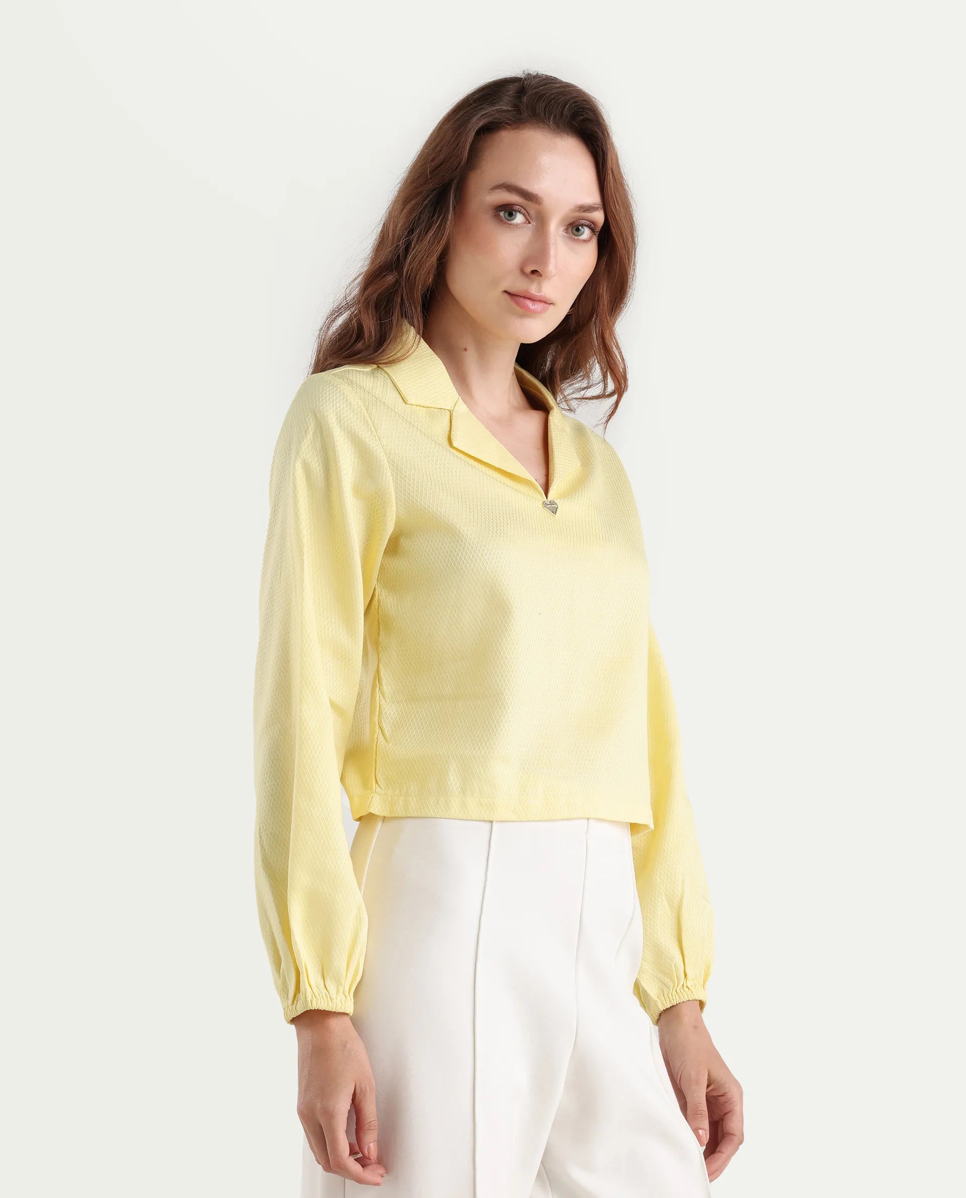 Rareism Women's Istanbul Light Yellow Cotton Lapel Neck Plain Bishop Sleeve Crop Regular Fit Top