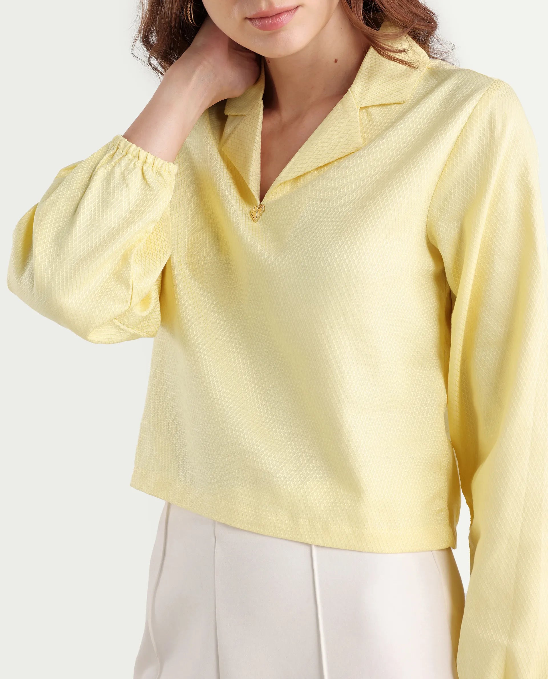 Rareism Women's Istanbul Light Yellow Cotton Lapel Neck Plain Bishop Sleeve Crop Regular Fit Top