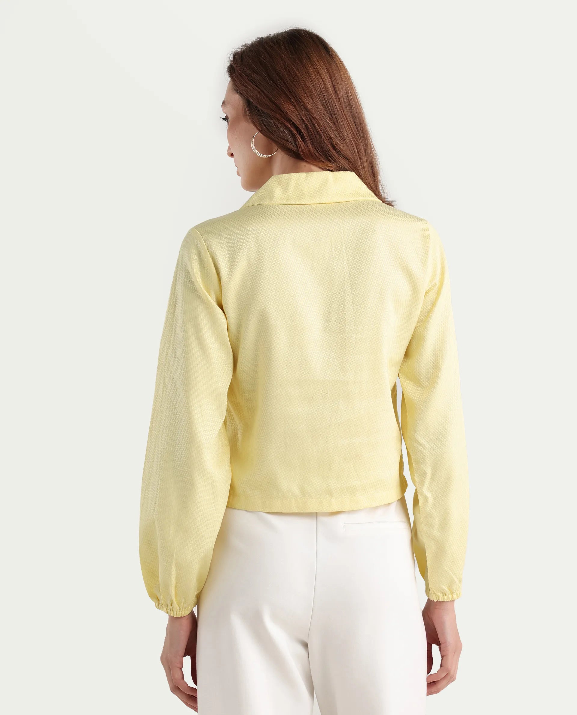 Rareism Women's Istanbul Light Yellow Cotton Lapel Neck Plain Bishop Sleeve Crop Regular Fit Top
