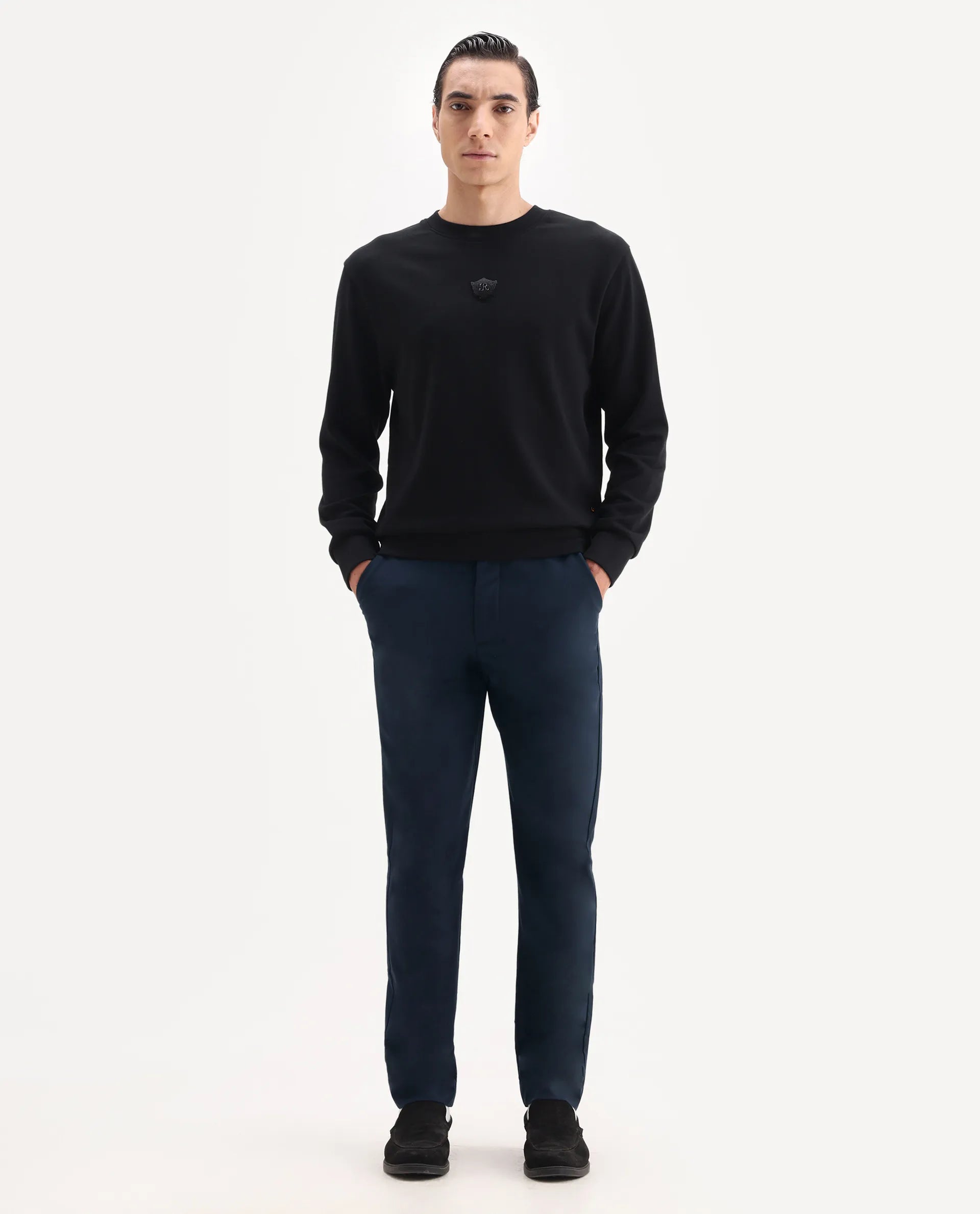 Rare Rabbit Men's Ital Navy Polyester Blend Plain Regular Fit Trouser