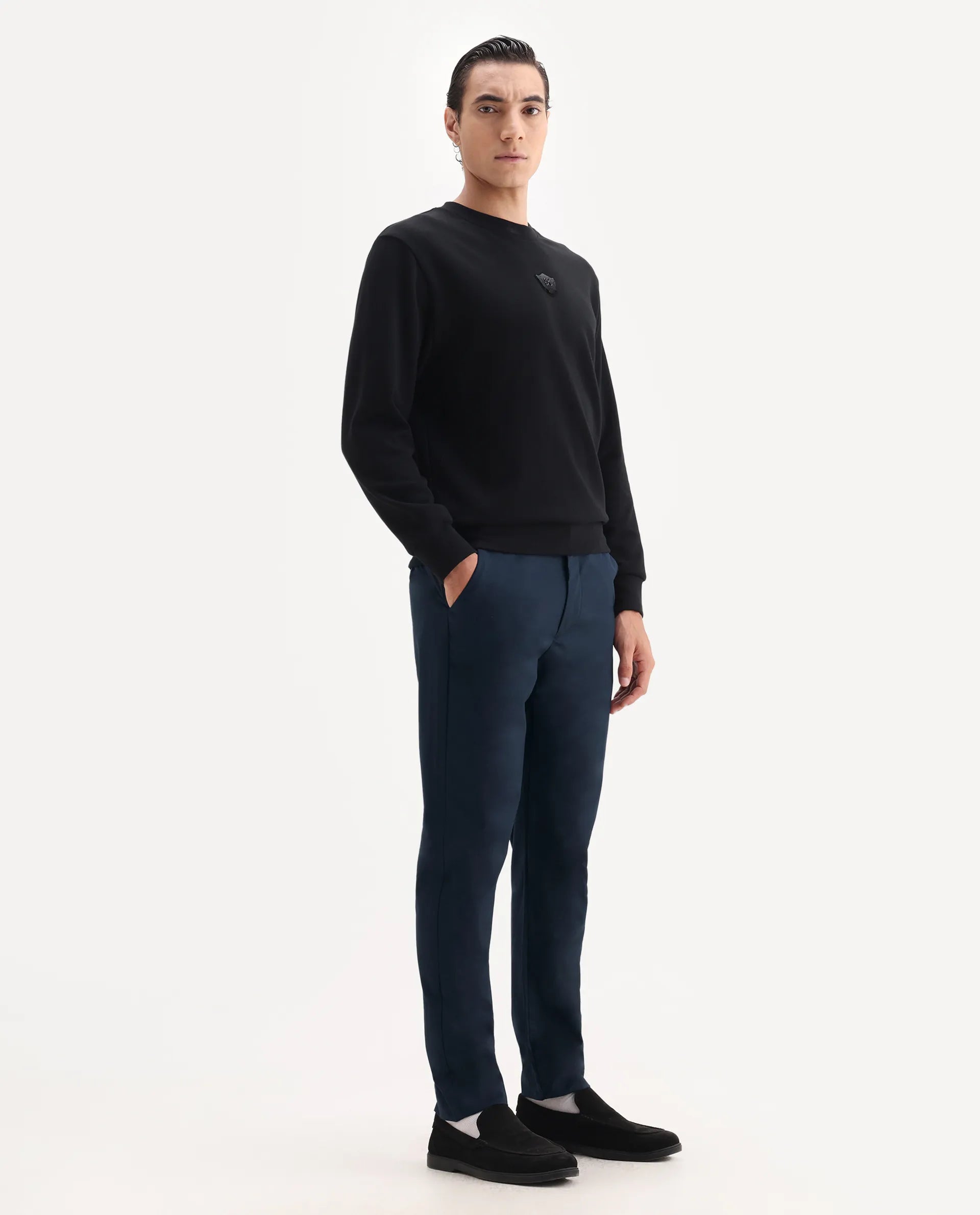 Rare Rabbit Men's Ital Navy Polyester Blend Plain Regular Fit Trouser