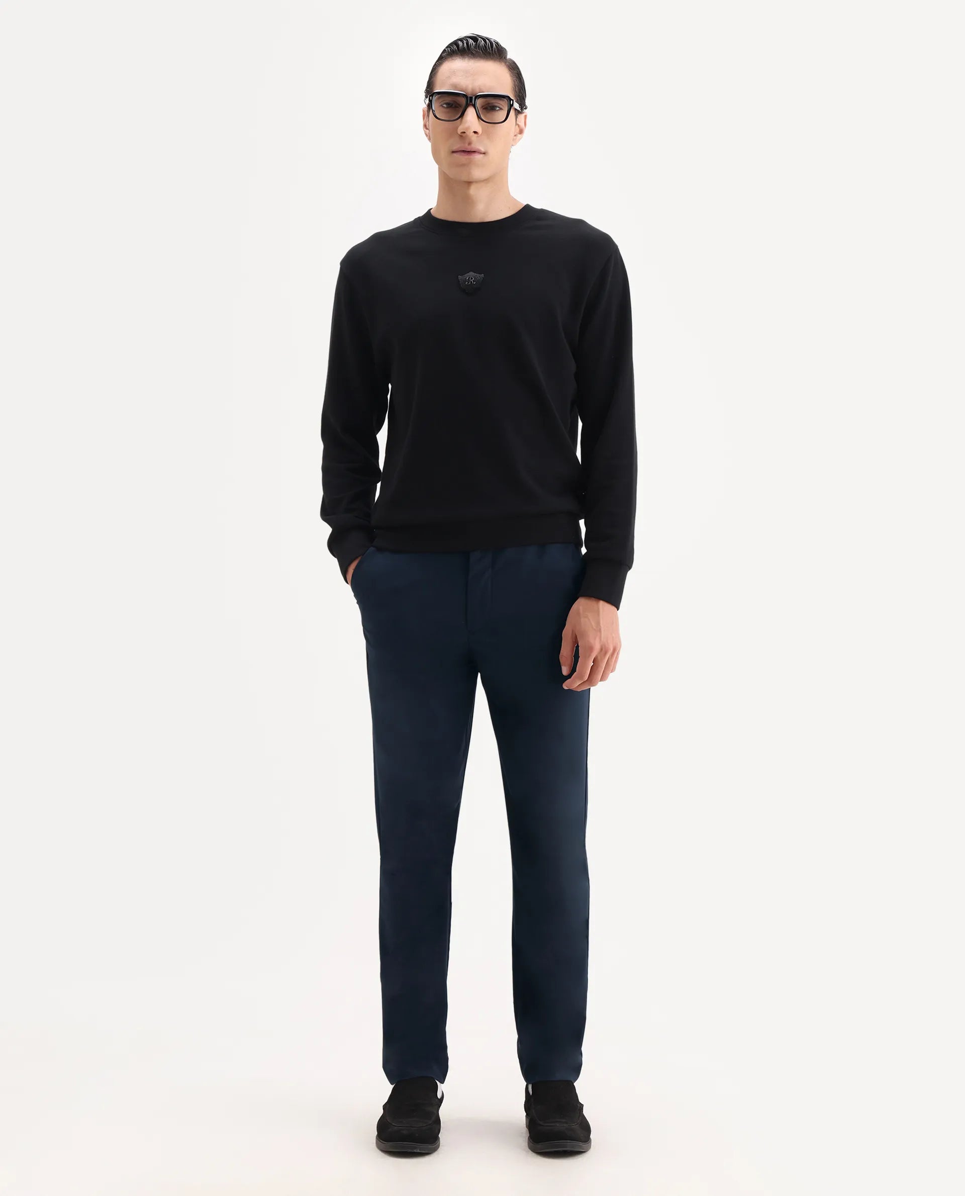 Rare Rabbit Men's Ital Navy Polyester Blend Plain Regular Fit Trouser