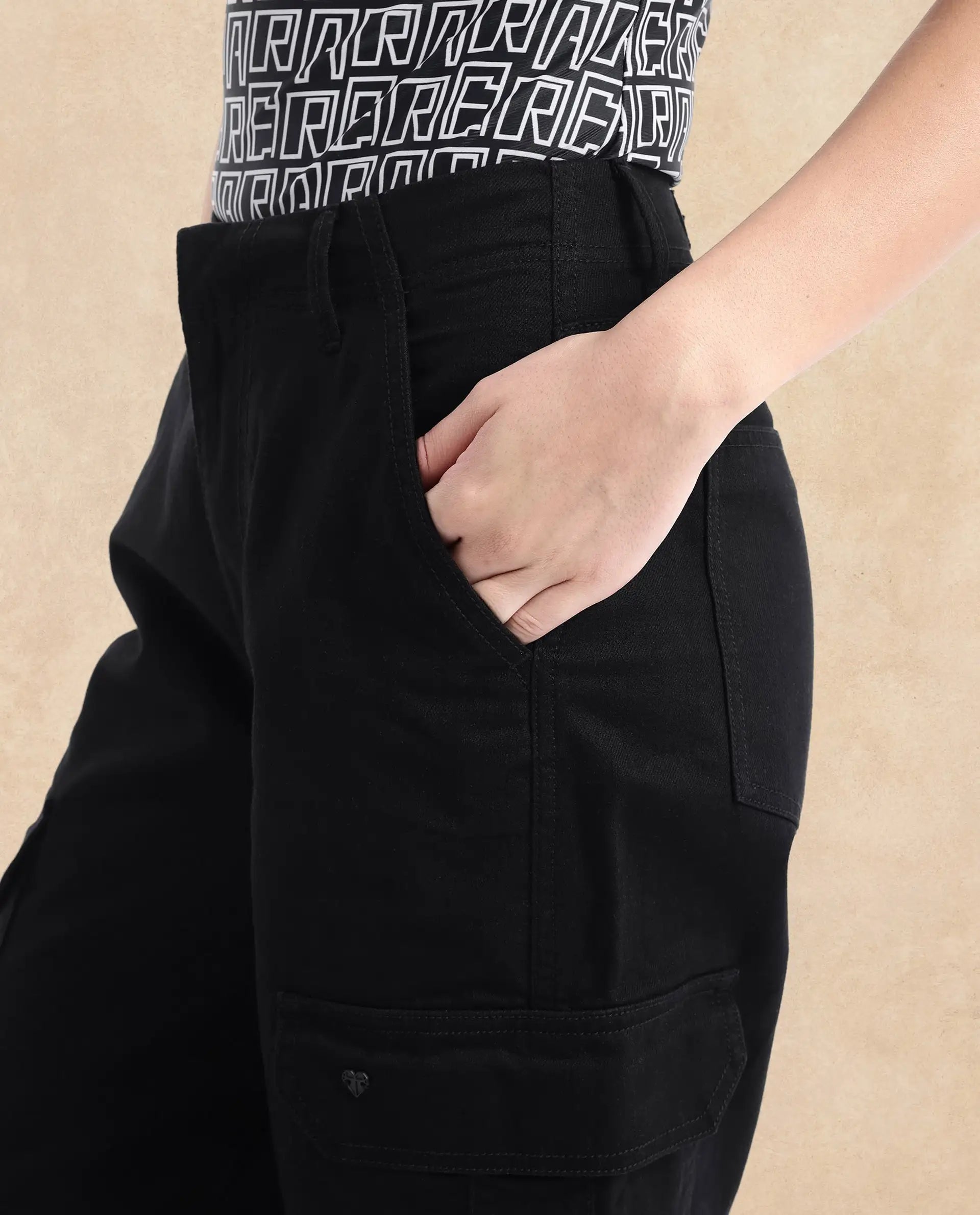 Rareism Women Itsiz-SC Black Wide Ankle Length Broad Stripes Cargo Trouser