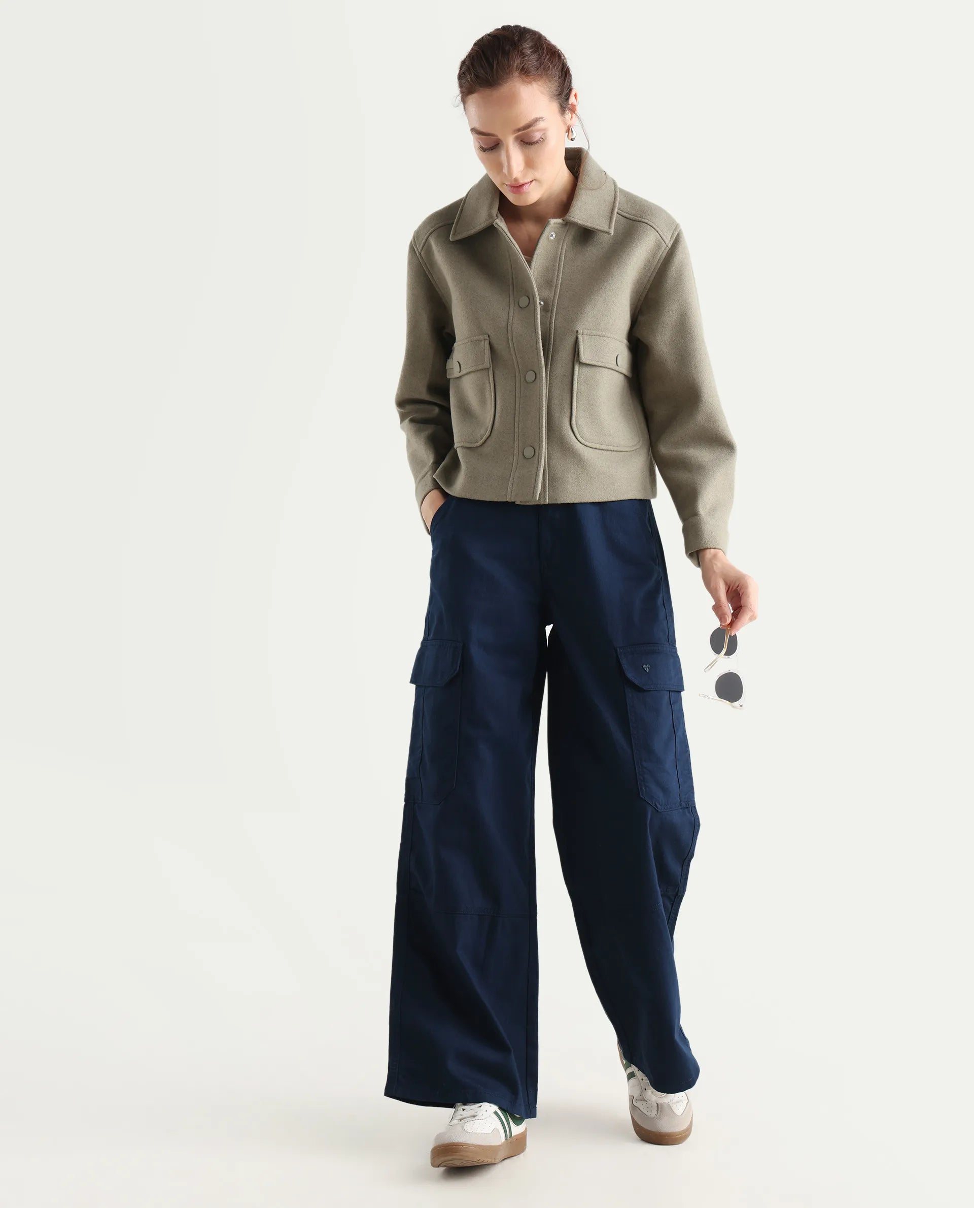 Rareism Women's Itsiz Navy Cotton Plain Ankle Length Wide Leg Trouser