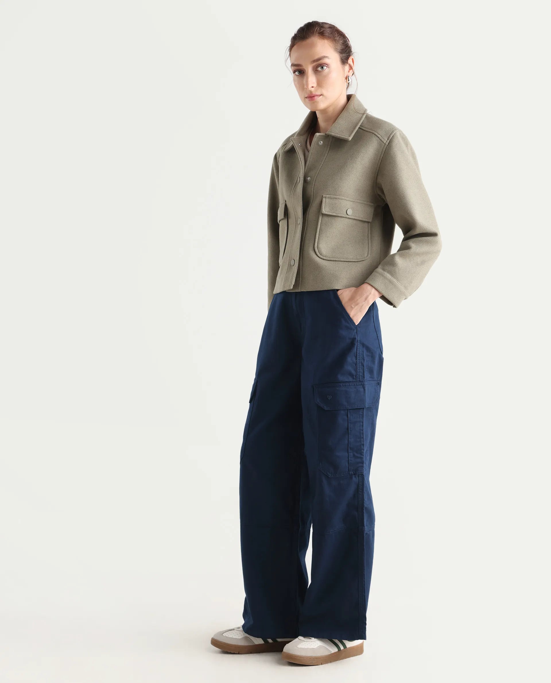 Rareism Women's Itsiz Navy Cotton Plain Ankle Length Wide Leg Trouser