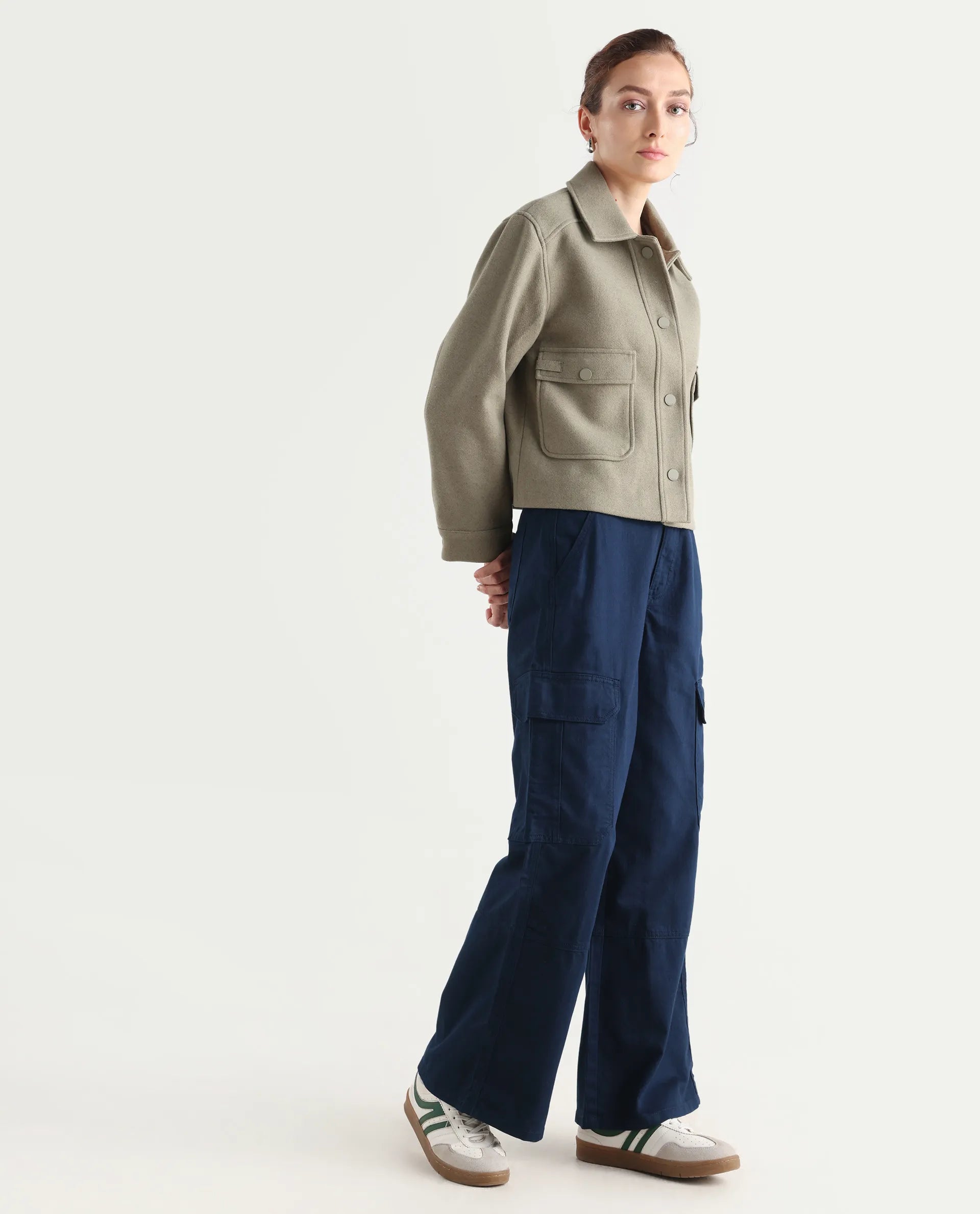 Rareism Women's Itsiz Navy Cotton Plain Ankle Length Wide Leg Trouser