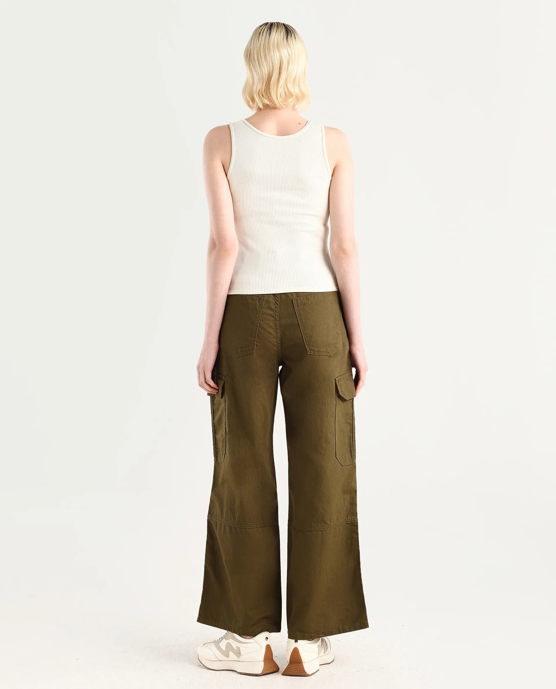 Rareism Women's Itsiz Olive Cotton Plain Ankle Length Wide Trouser