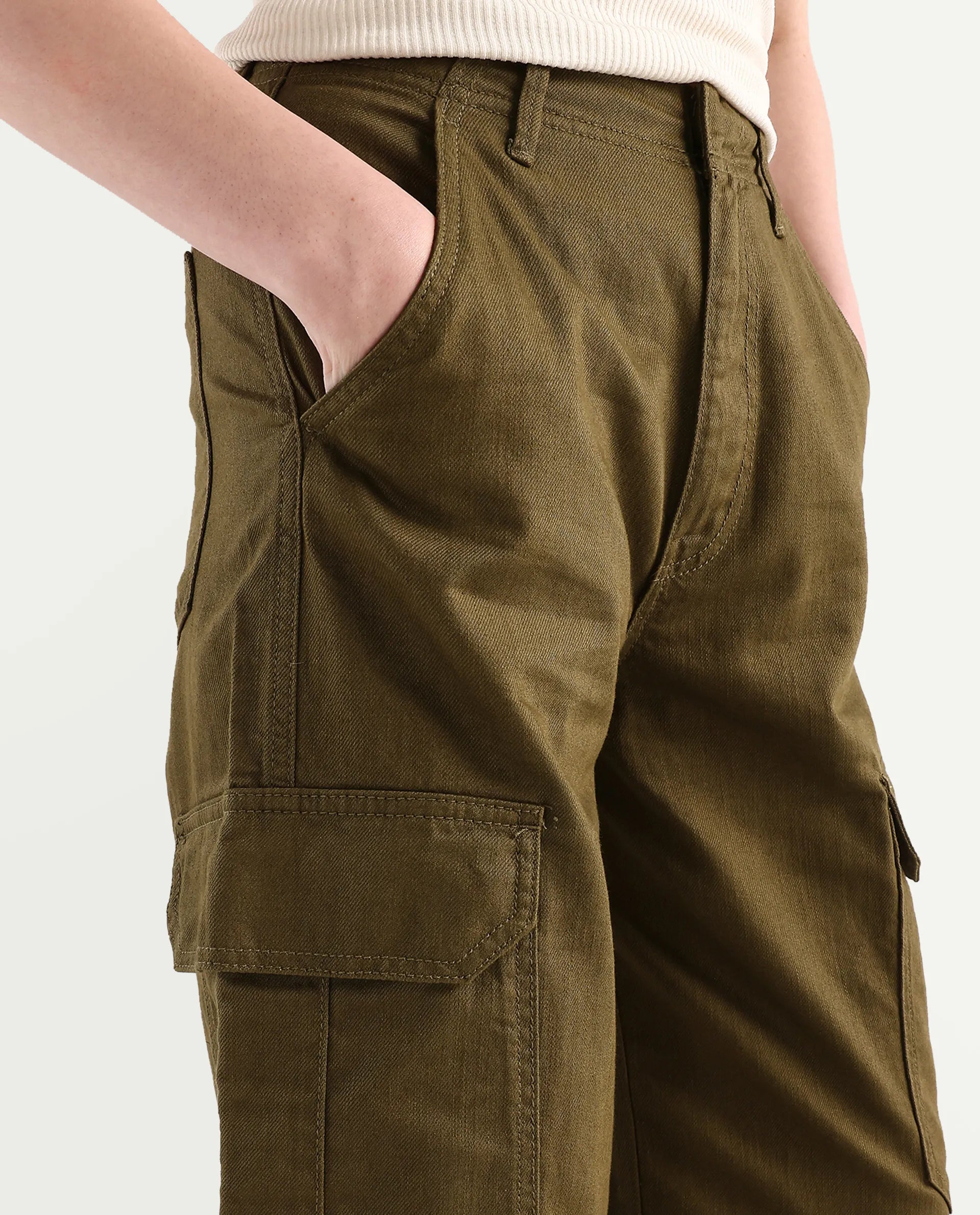 Rareism Women's Itsiz Olive Cotton Plain Ankle Length Wide Trouser