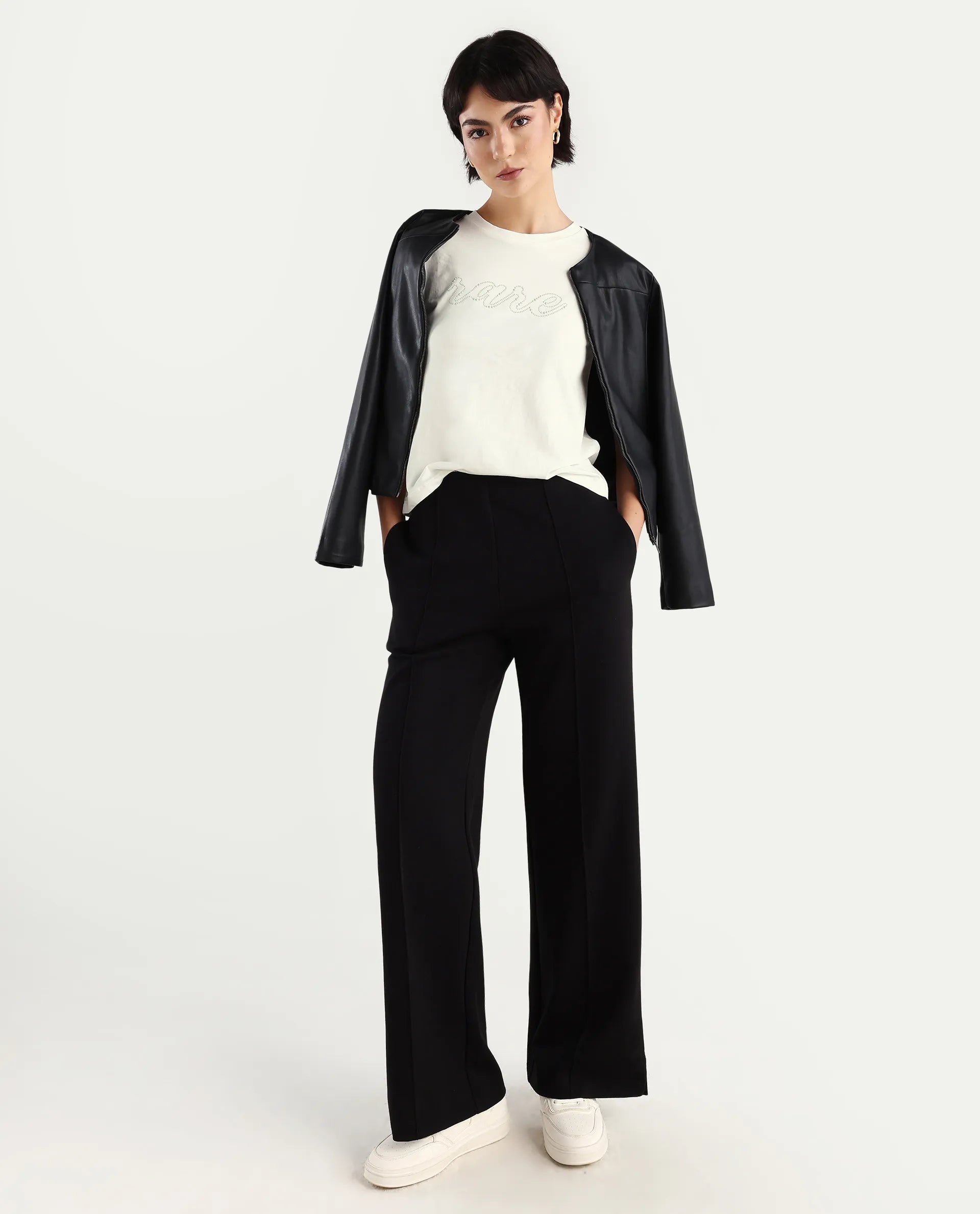 Rareism Women's Itsy Off White Cotton Blend Crew Neck Graphic Print Regular Fit T-Shirt