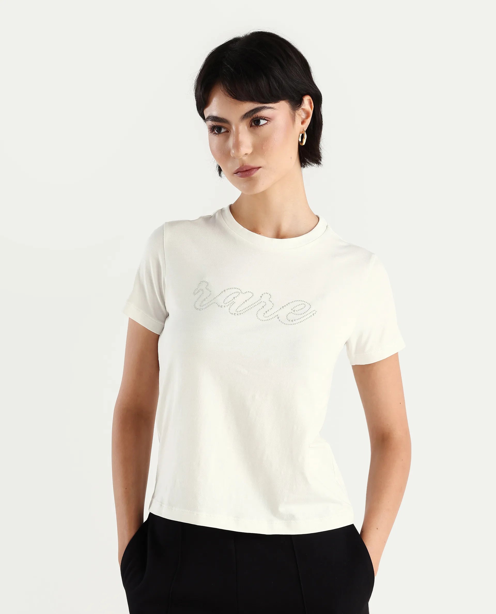 Rareism Women's Itsy Off White Cotton Blend Crew Neck Graphic Print Regular Fit T-Shirt