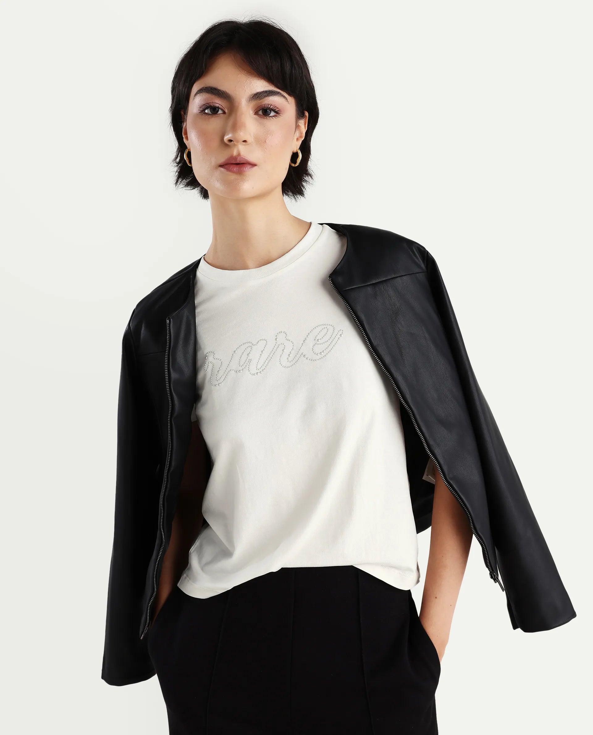 Rareism Women's Itsy Off White Cotton Blend Crew Neck Graphic Print Regular Fit T-Shirt