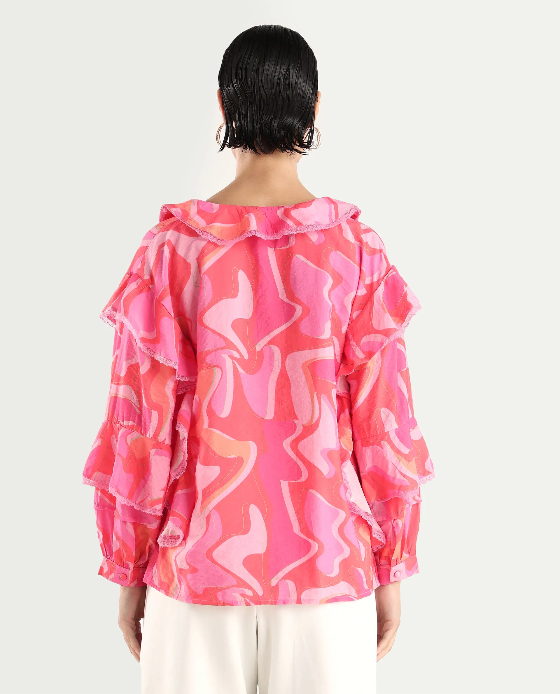 Rareism Women's Ivan Multi Viscose Blend Peter Pan Collar Abstract Print Bishop Sleeve Regular Fit Top