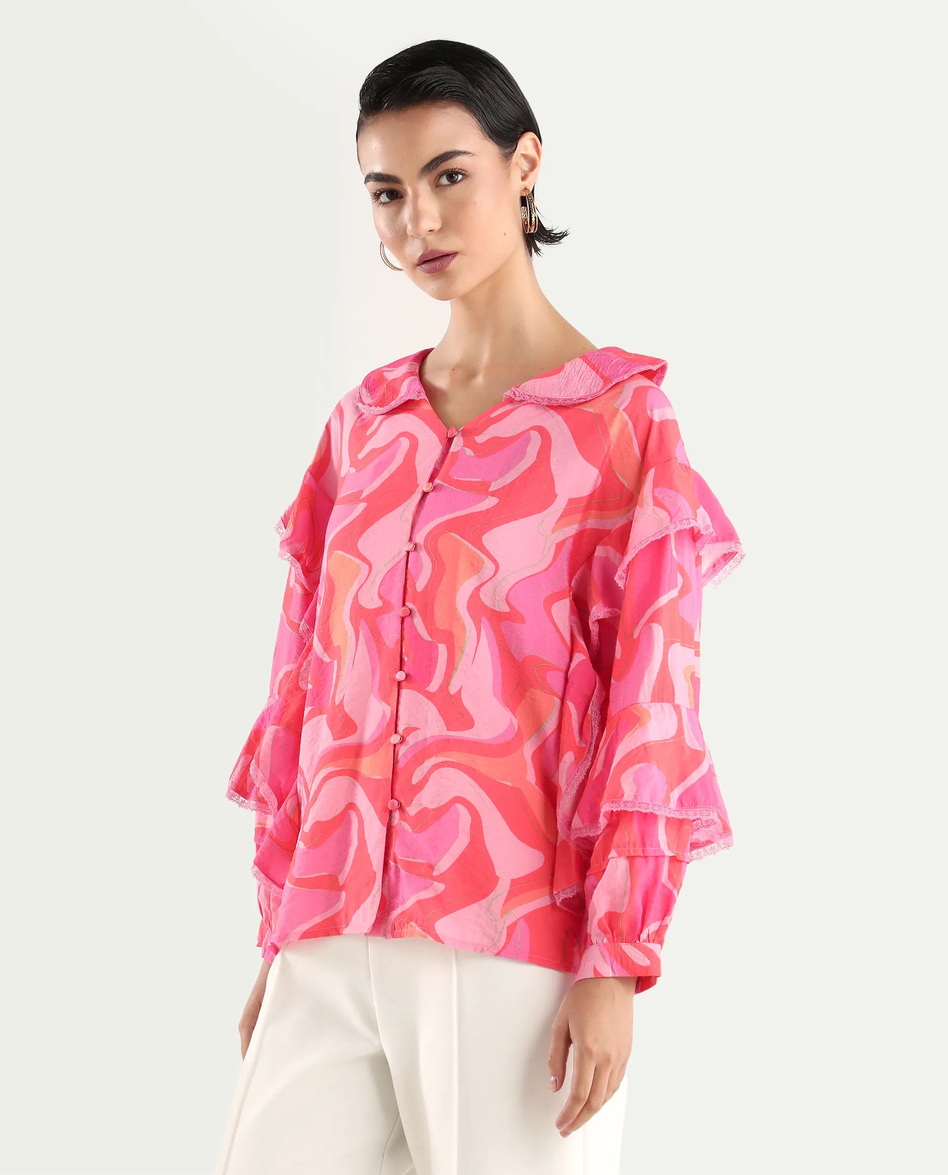 Rareism Women's Ivan Multi Viscose Blend Peter Pan Collar Abstract Print Bishop Sleeve Regular Fit Top