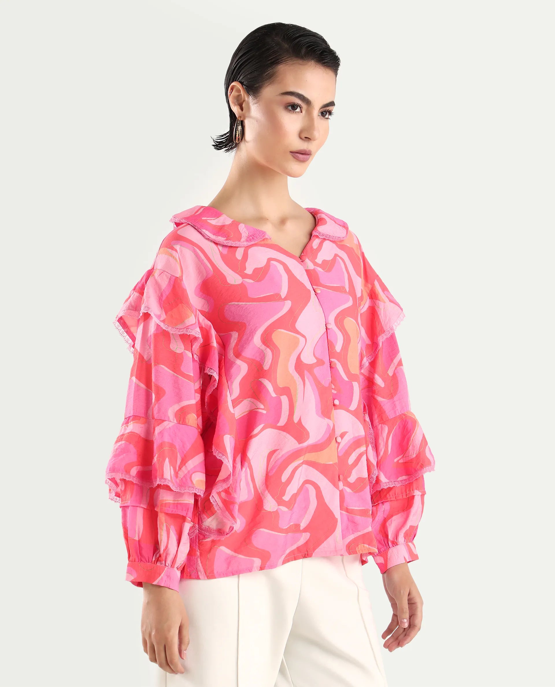 Rareism Women's Ivan Multi Viscose Blend Peter Pan Collar Abstract Print Bishop Sleeve Regular Fit Top