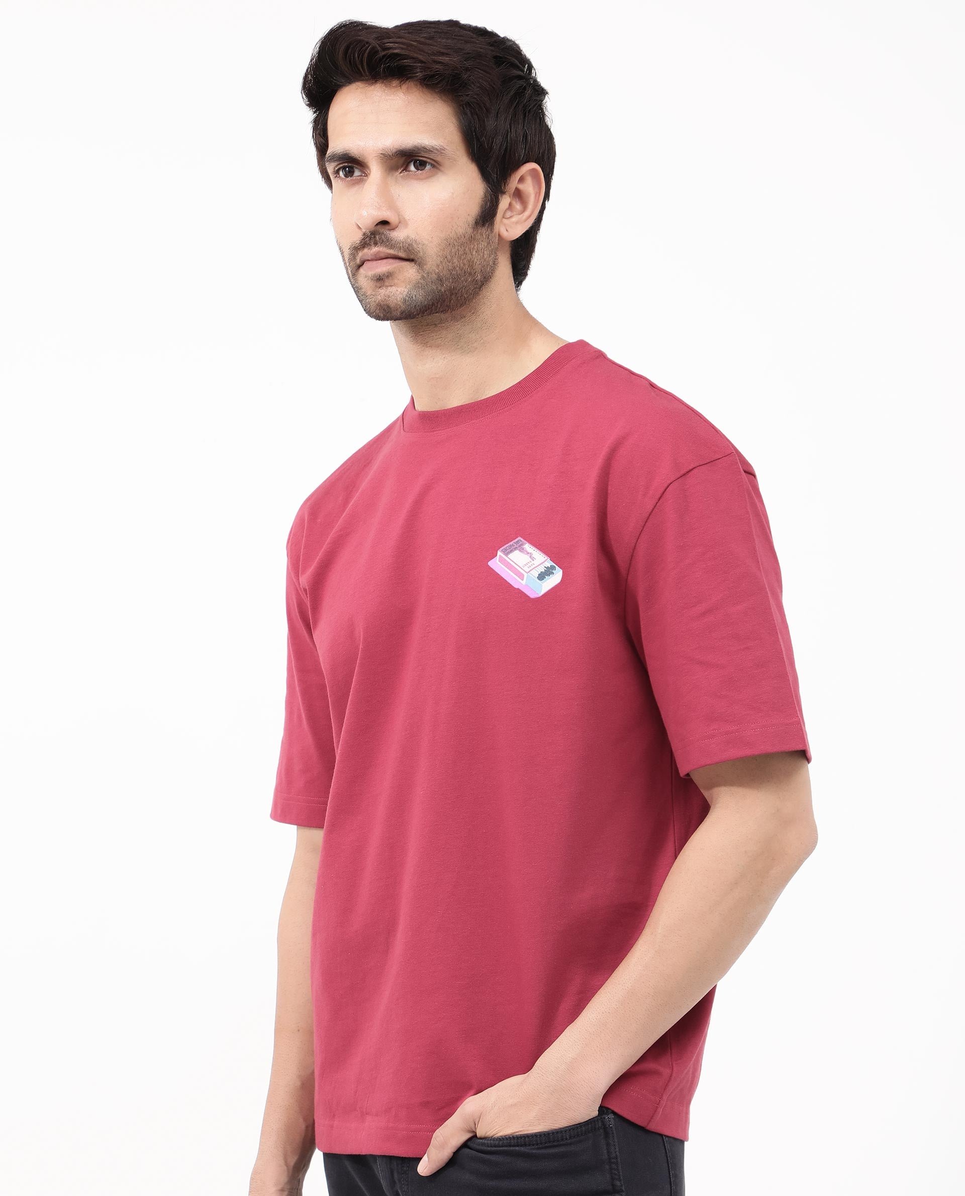 Rare Rabbit Articale Mens Iver Red Cotton Polyester Fabric Short Sleeve Crew Neck Oversized Fit Graphic Printed T-Shirt