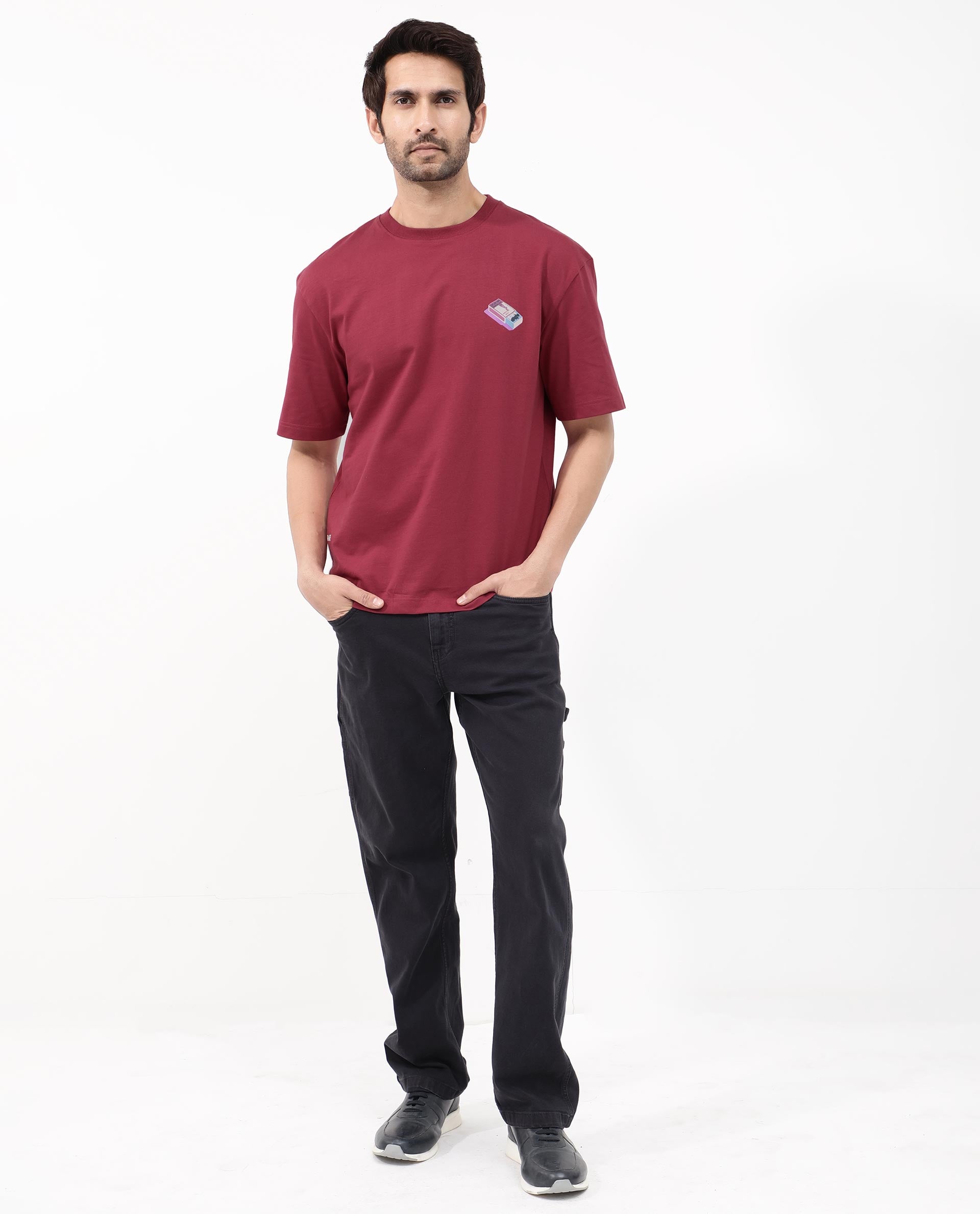 Rare Rabbit Articale Mens Iver Red Cotton Polyester Fabric Short Sleeve Crew Neck Oversized Fit Graphic Printed T-Shirt