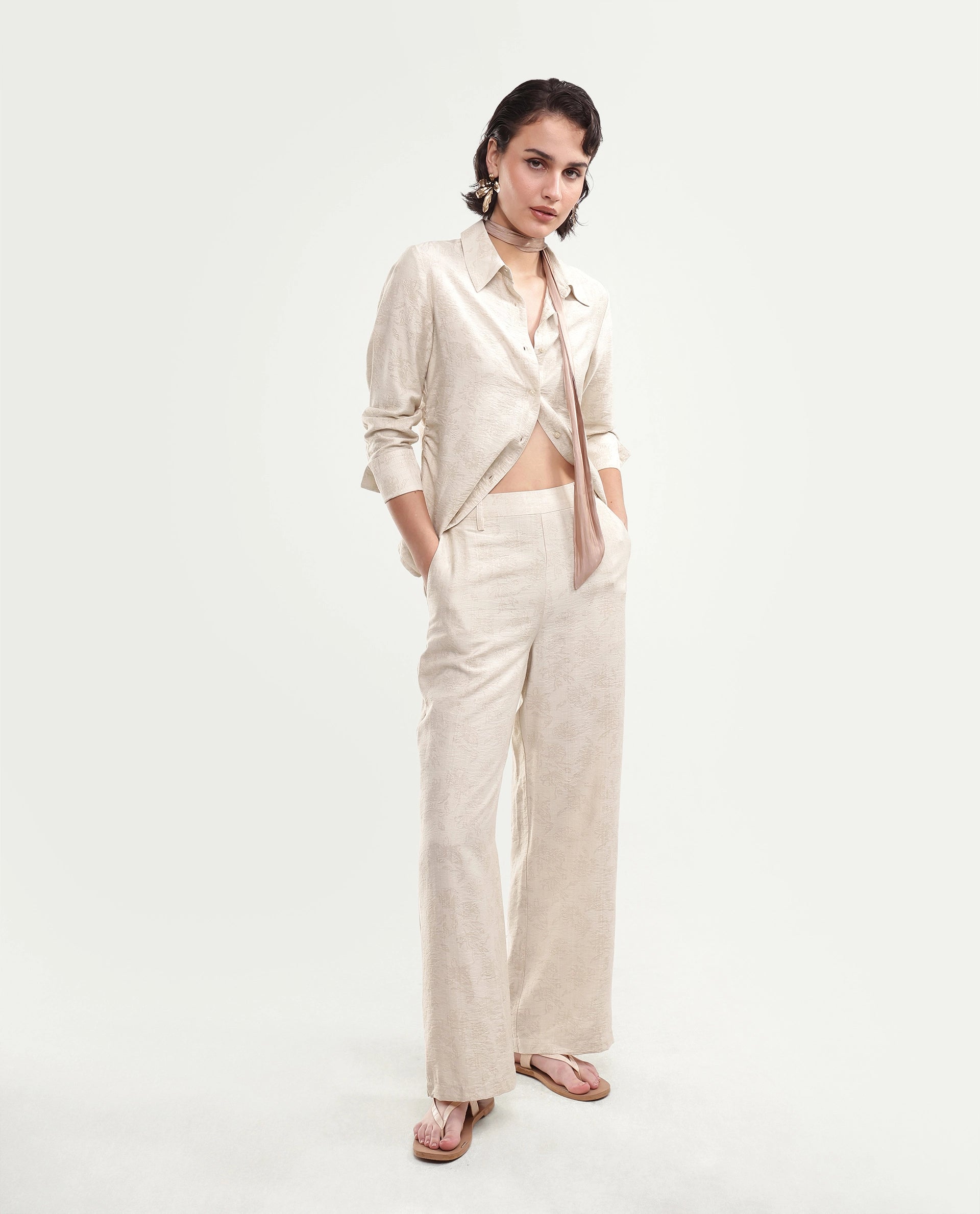 Rareism Women's Ivish-B Primary Beige Viscose Blend Pull-On Wide Leg Jacquard Trouser