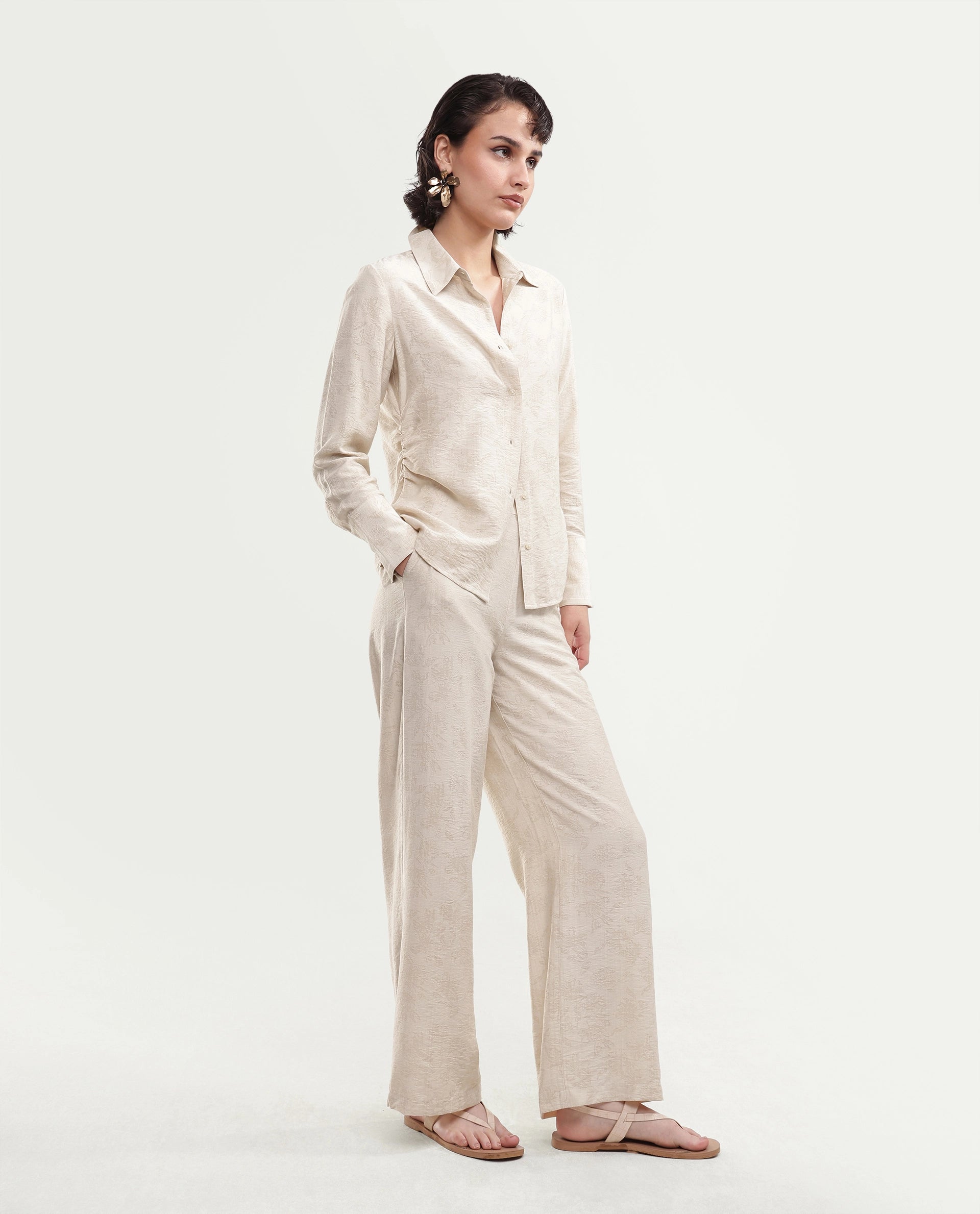 Rareism Women's Ivish-B Primary Beige Viscose Blend Pull-On Wide Leg Jacquard Trouser