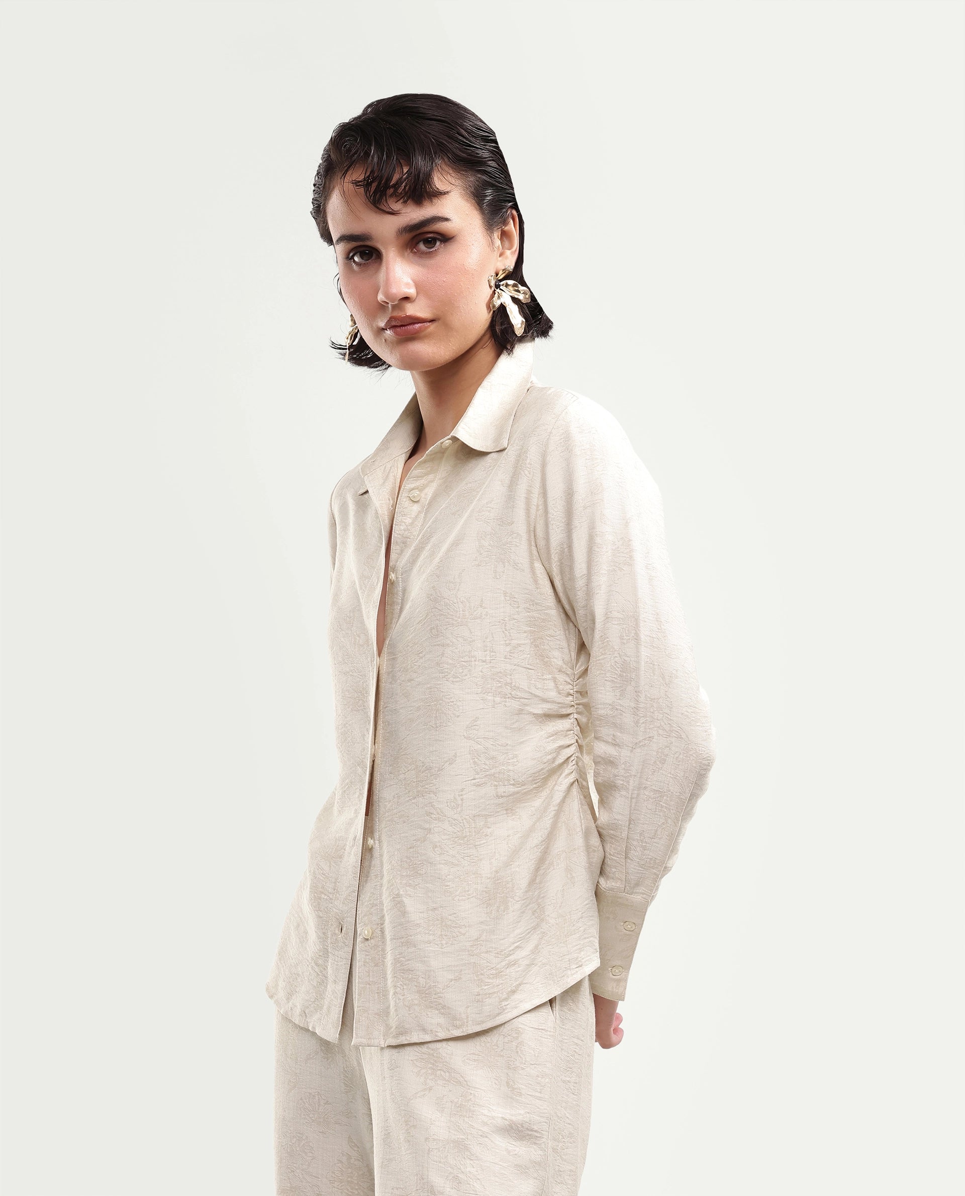 Rareism Women's Ivish-T Primary Beige Viscose Blend Spread Collar Button Regular Jacquard Shirt